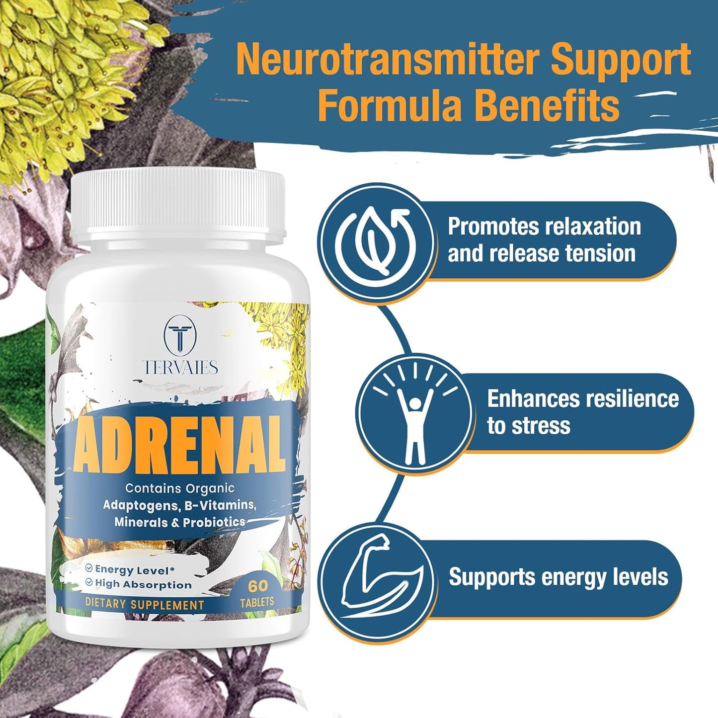 Adrenal Support Supplement with Adaptogens for Mood and Energy - Rhodiola Rosea, Ashwagandha, Holy Basil, Eleuthero - Non-GMO Vegan Tablets for Men and Women, 60 Count