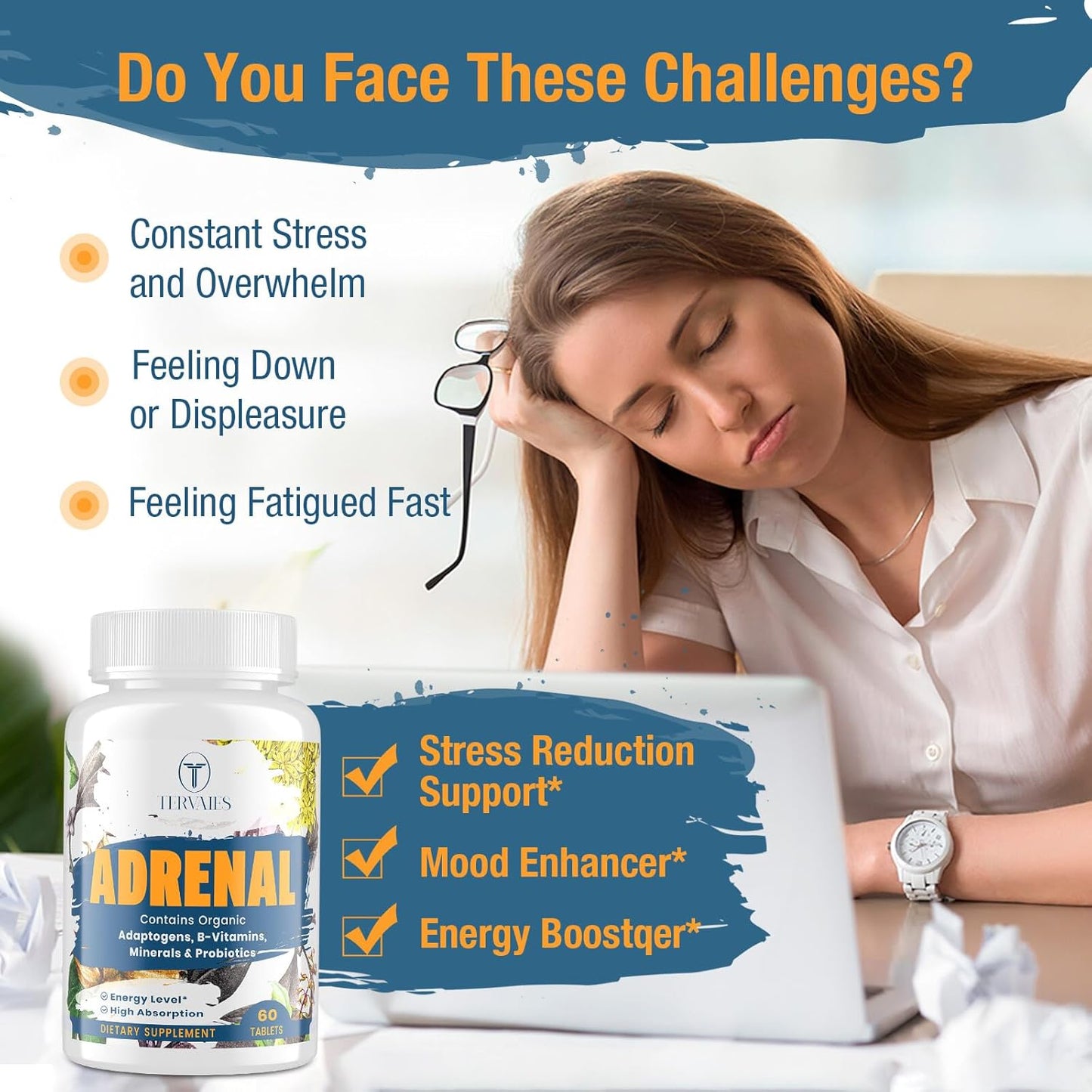 Adrenal Support Supplement with Adaptogens for Mood and Energy - Rhodiola Rosea, Ashwagandha, Holy Basil, Eleuthero - Non-GMO Vegan Tablets for Men and Women, 60 Count
