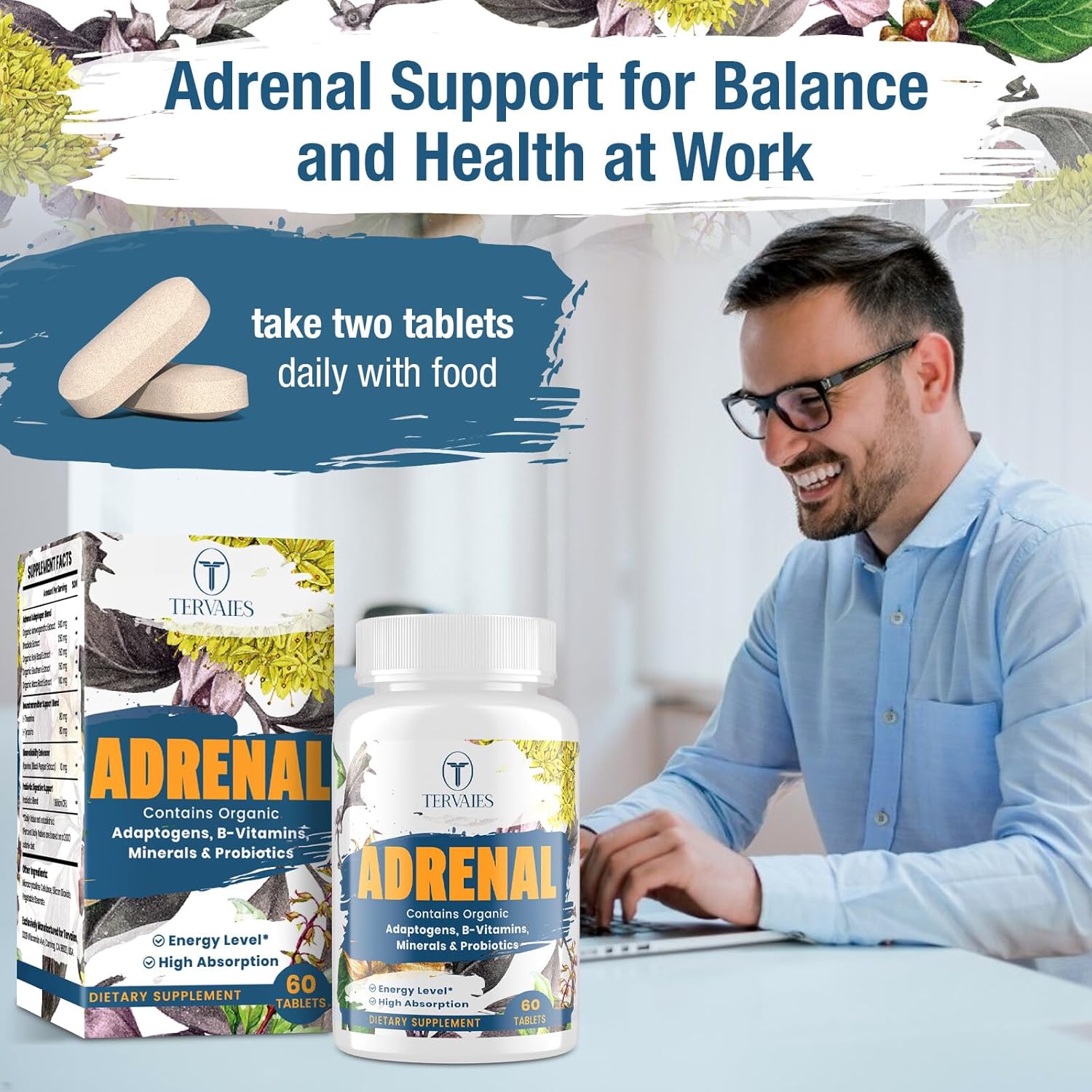 Adrenal Support Supplement with Adaptogens for Mood and Energy - Rhodiola Rosea, Ashwagandha, Holy Basil, Eleuthero - Non-GMO Vegan Tablets for Men and Women, 60 Count