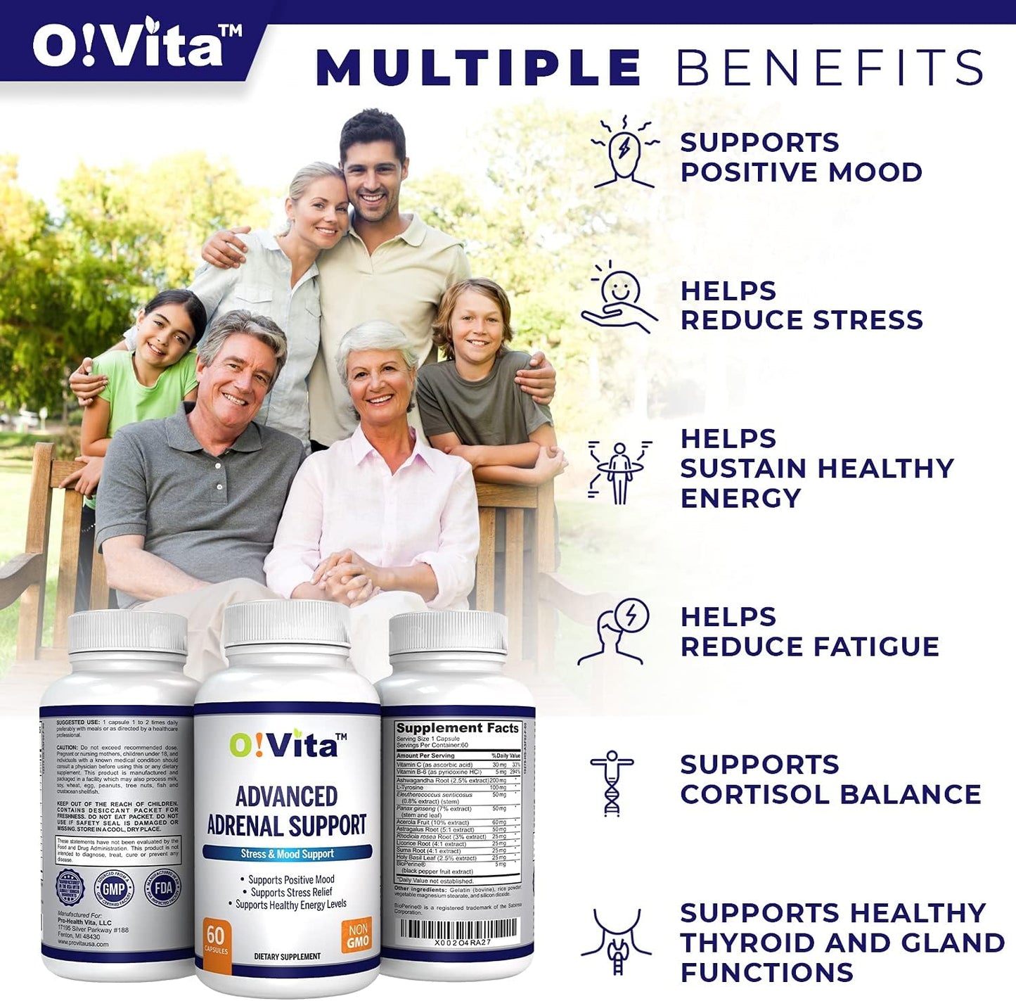 Adrenal Support Supplement with Ashwagandha & Ginseng - Promotes Adrenal Gland Health - 60 Capsules - 2 Month Supply