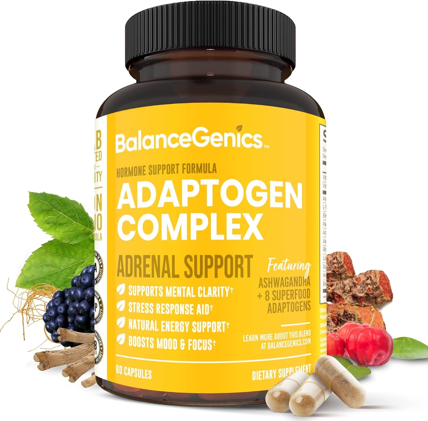 Adrenal Support Supplement with Ashwagandha, Holy Basil, Rhodiola Rosea for Stress Relief and Energy - 60 Capsules
