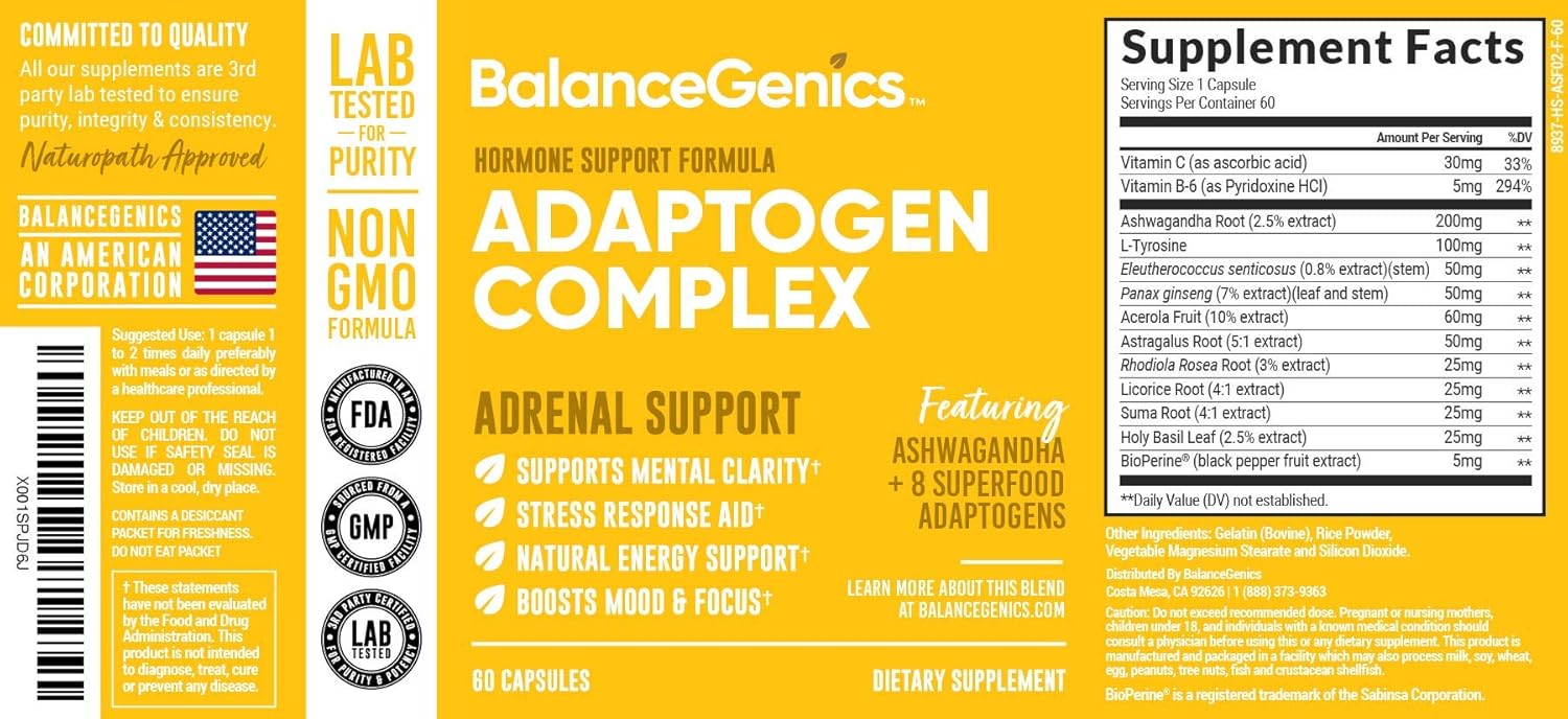 Adrenal Support Supplement with Ashwagandha, Holy Basil, Rhodiola Rosea for Stress Relief and Energy - 60 Capsules