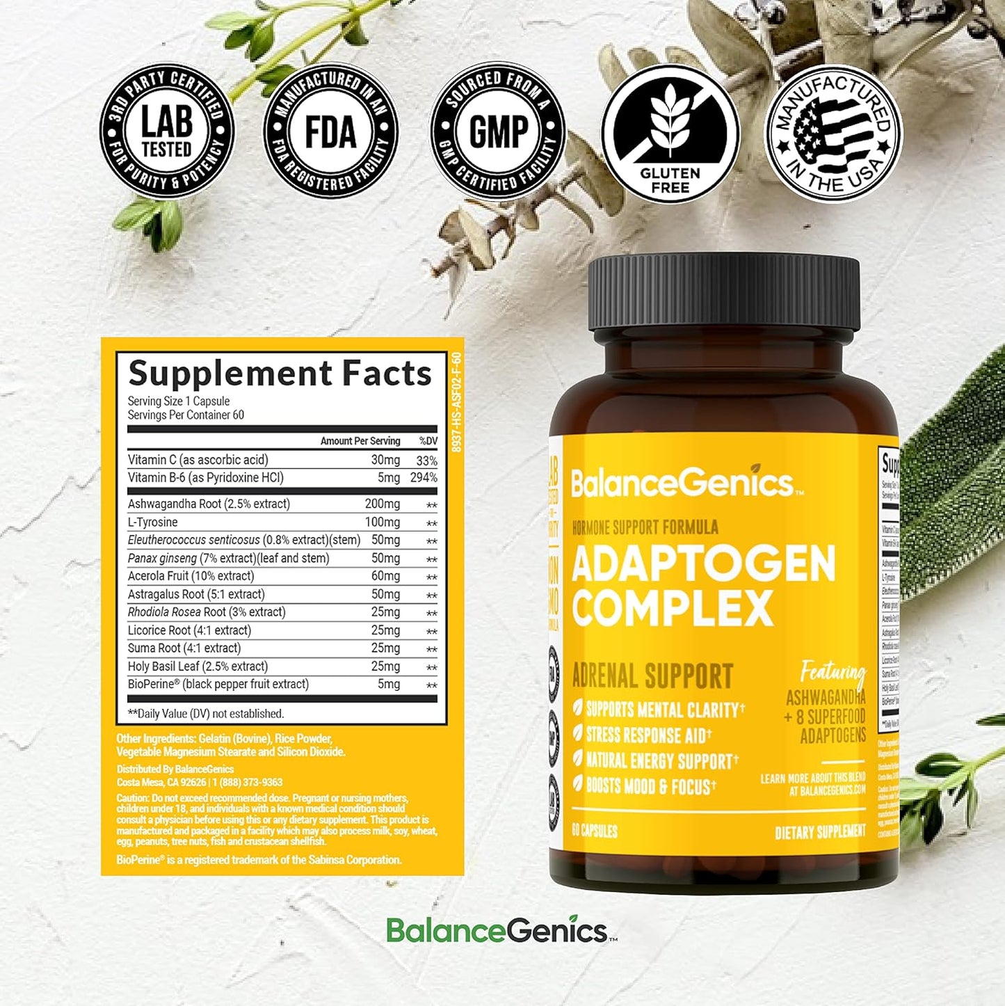Adrenal Support Supplement with Ashwagandha, Holy Basil, Rhodiola Rosea for Stress Relief and Energy - 60 Capsules