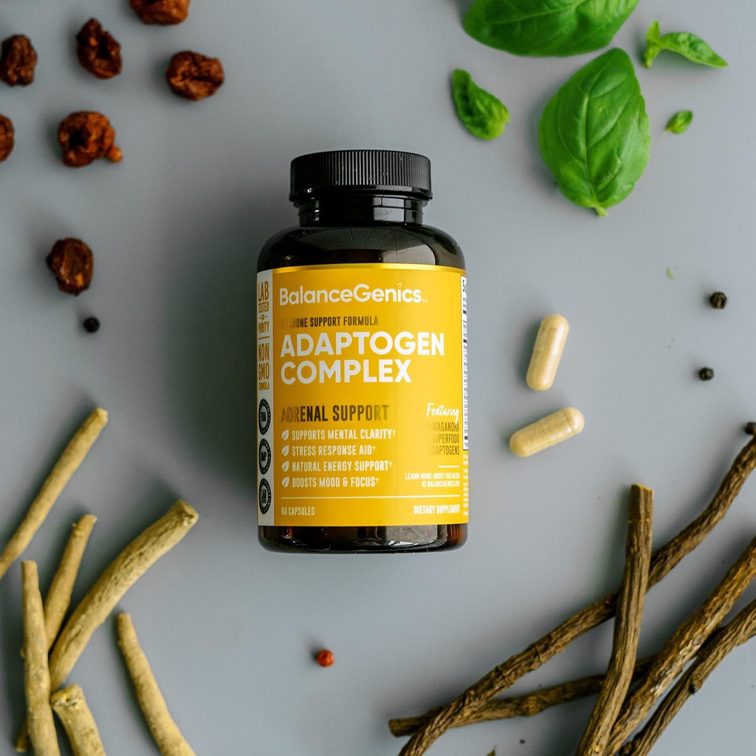 Adrenal Support Supplement with Ashwagandha, Holy Basil, Rhodiola Rosea for Stress Relief and Energy - 60 Capsules