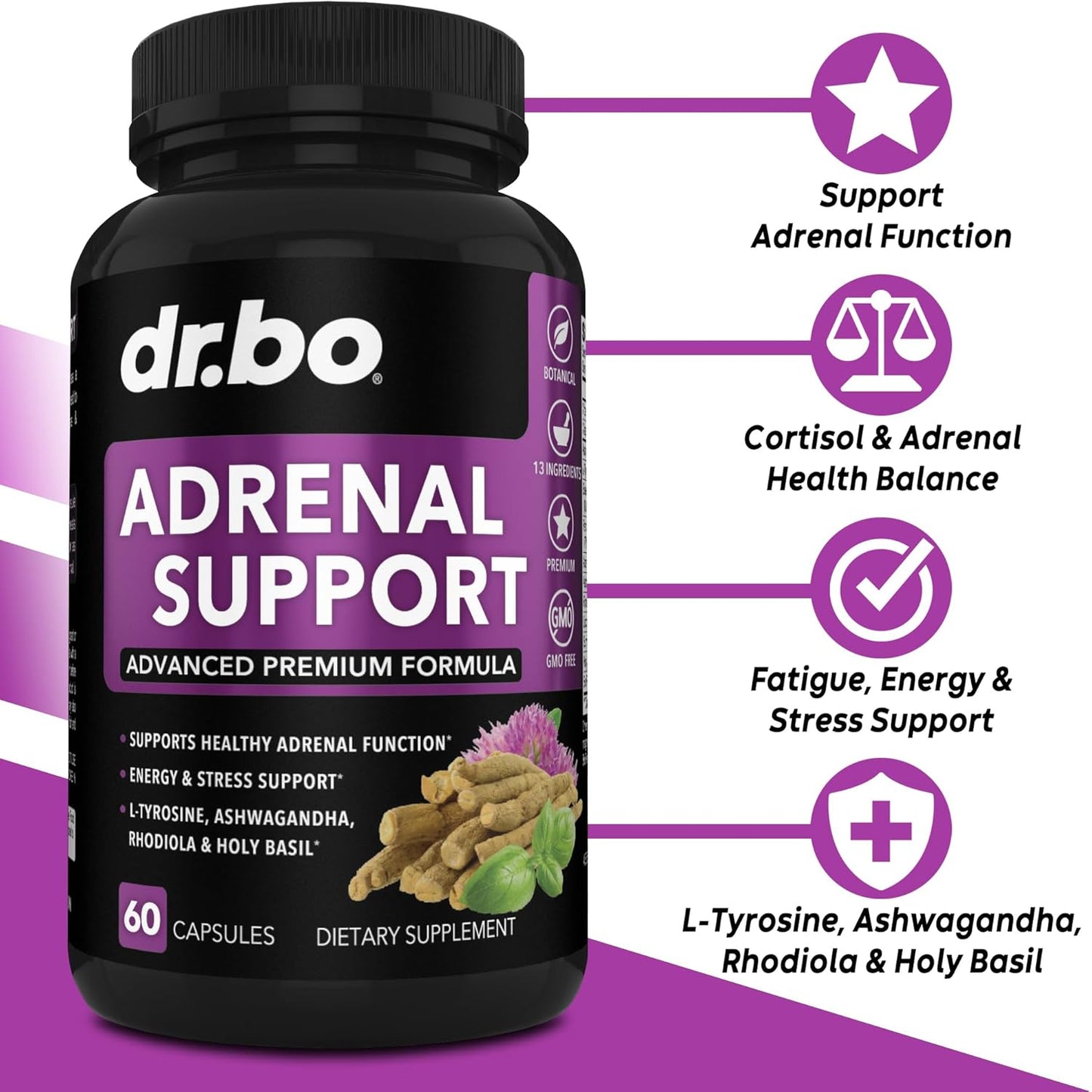 Adrenal Support Supplement with Ashwagandha & Rhodiola - Natural Fatigue Relief for Women & Men - 60 Pills