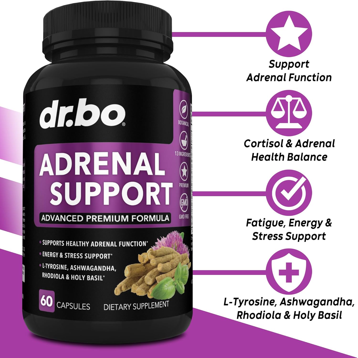 Adrenal Support Supplement with Ashwagandha & Rhodiola - Natural Fatigue Relief for Women & Men - 60 Pills