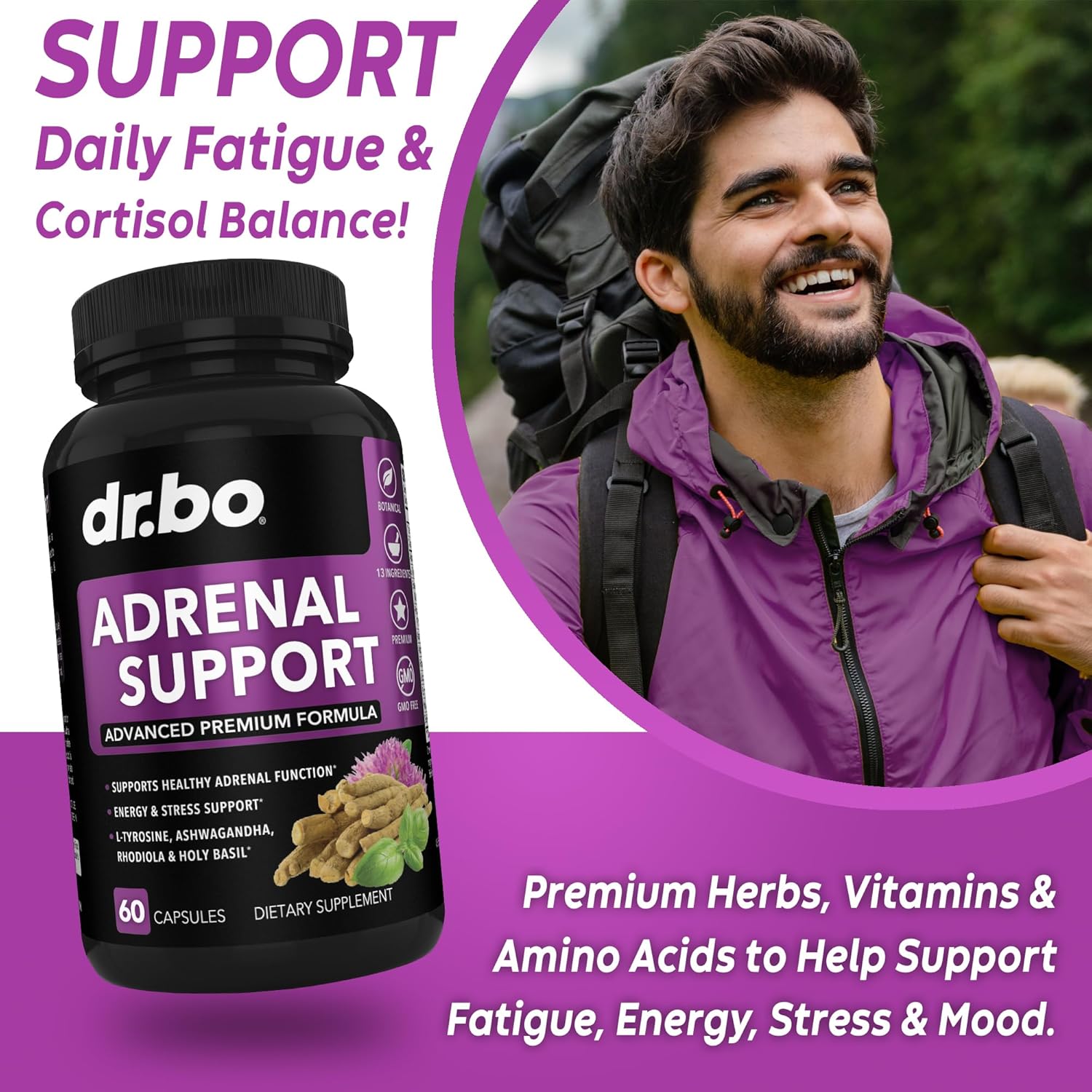 Adrenal Support Supplement with Ashwagandha & Rhodiola - Natural Fatigue Relief for Women & Men - 60 Pills