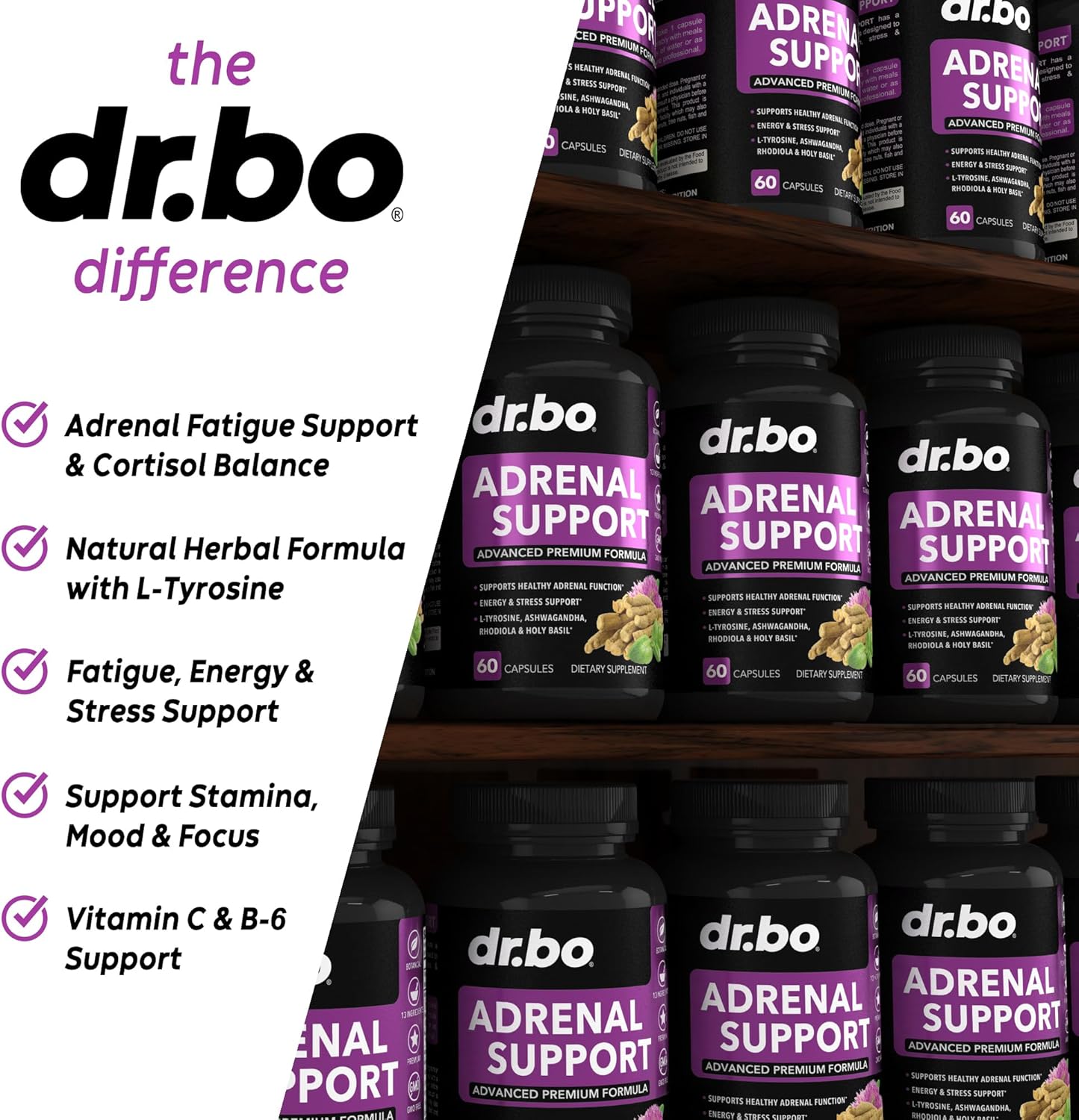 Adrenal Support Supplement with Ashwagandha & Rhodiola - Natural Fatigue Relief for Women & Men - 60 Pills