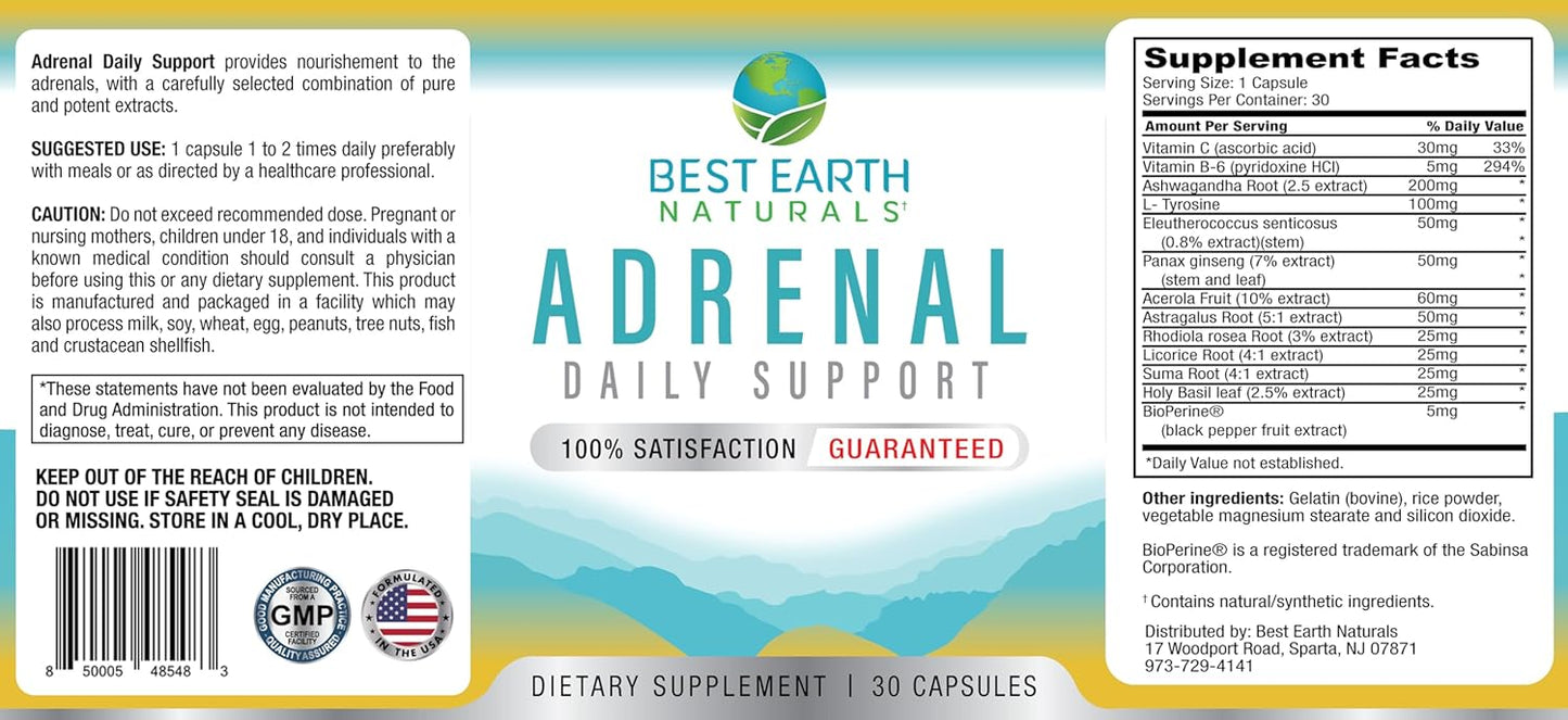 Adrenal Support Supplement with Holy Basil, B Vitamins, L-Tyrosine, Rhodiola Rosea, Ashwagandha - 30 Day Supply