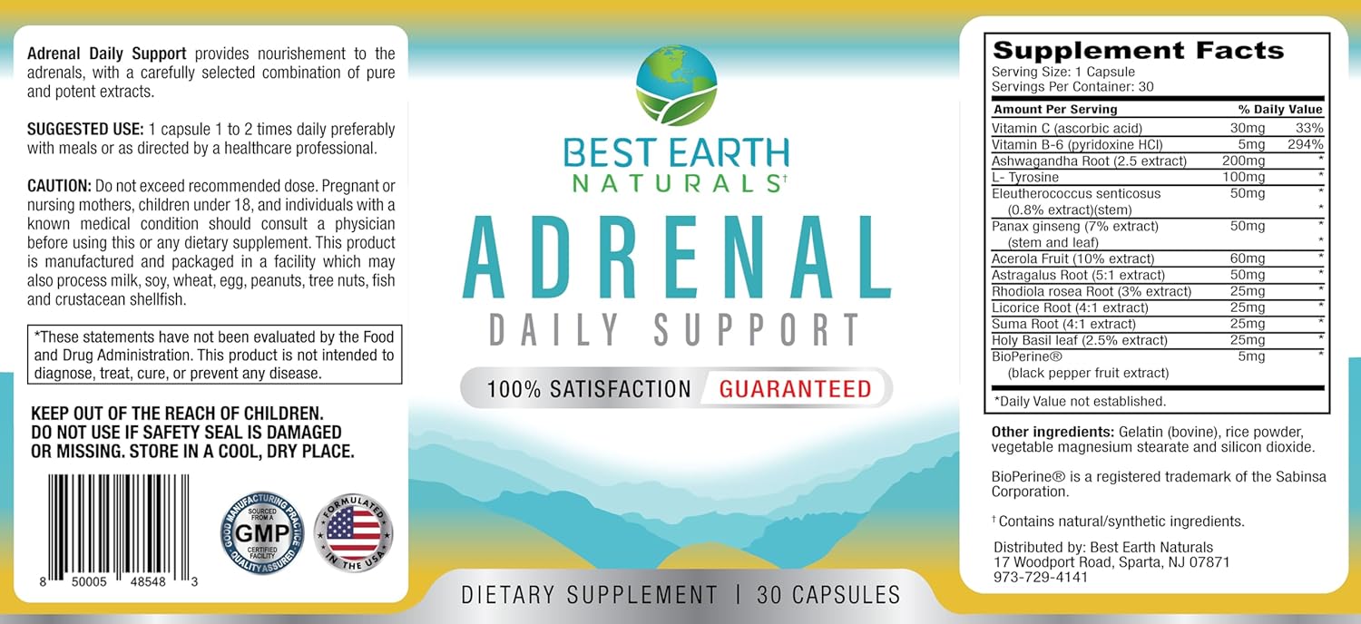 Adrenal Support Supplement with Holy Basil, B Vitamins, L-Tyrosine, Rhodiola Rosea, Ashwagandha - 30 Day Supply