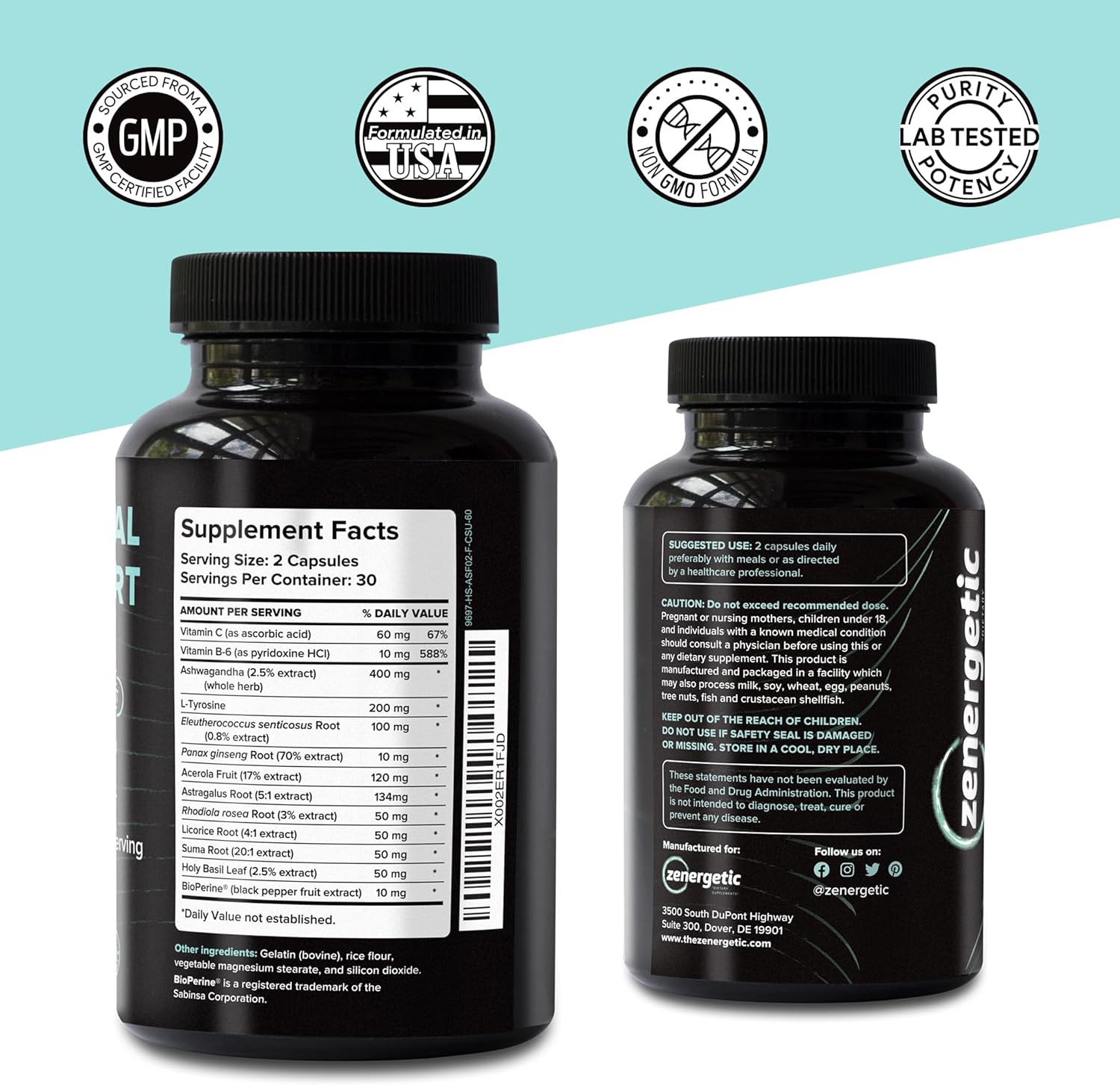 Adrenal Support Supplements with Ashwagandha, Rhodiola Rosea, & Holy Basil - 60 Pills, Non GMO