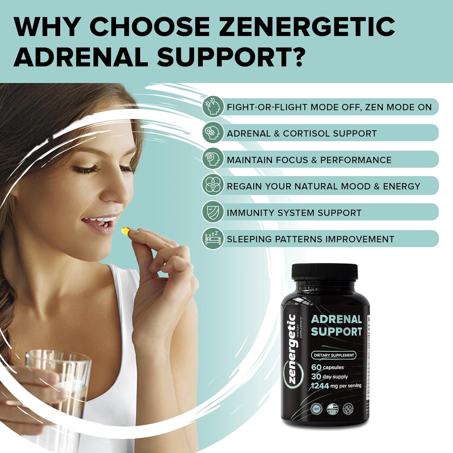 Adrenal Support Supplements with Ashwagandha, Rhodiola Rosea, & Holy Basil - 60 Pills, Non GMO