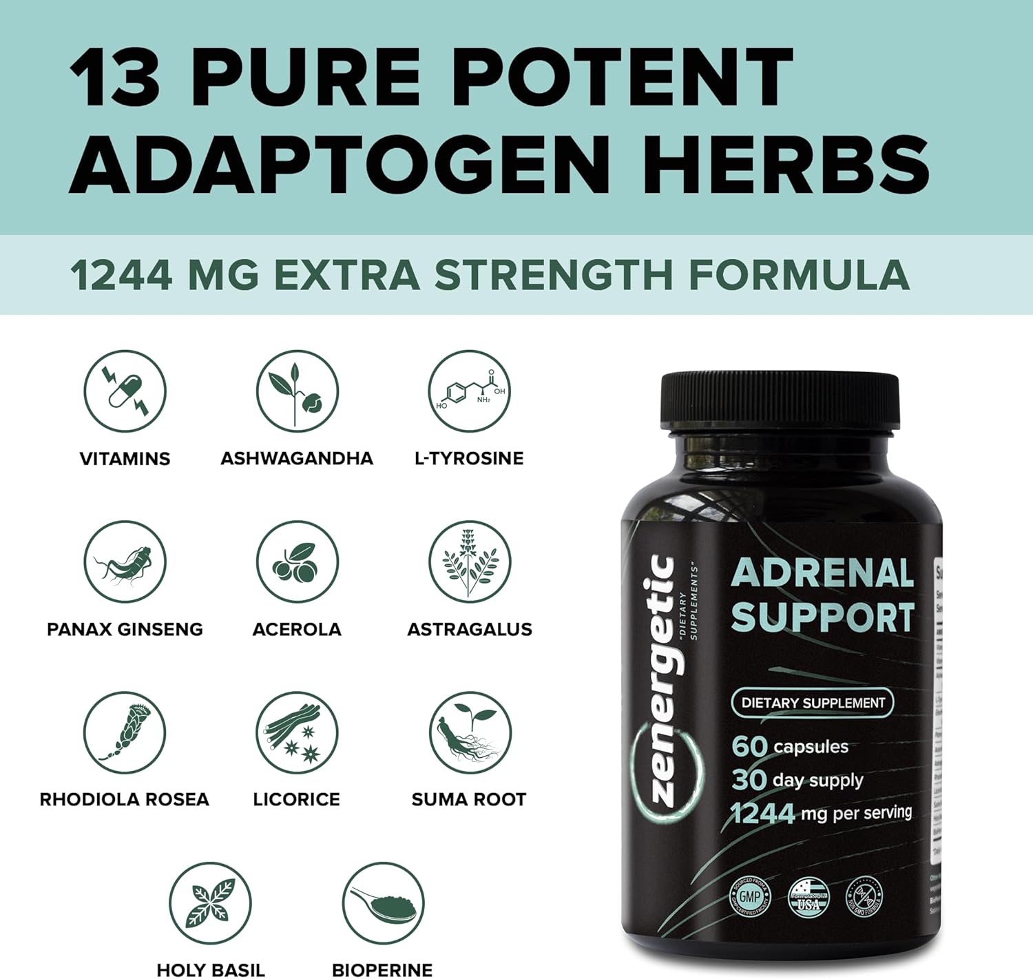 Adrenal Support Supplements with Ashwagandha, Rhodiola Rosea, & Holy Basil - 60 Pills, Non GMO