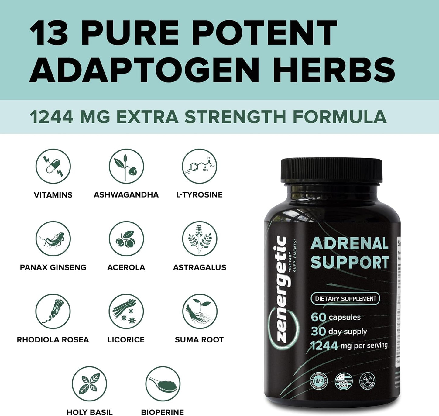 Adrenal Support Supplements with Ashwagandha, Rhodiola Rosea, & Holy Basil - 60 Pills, Non GMO