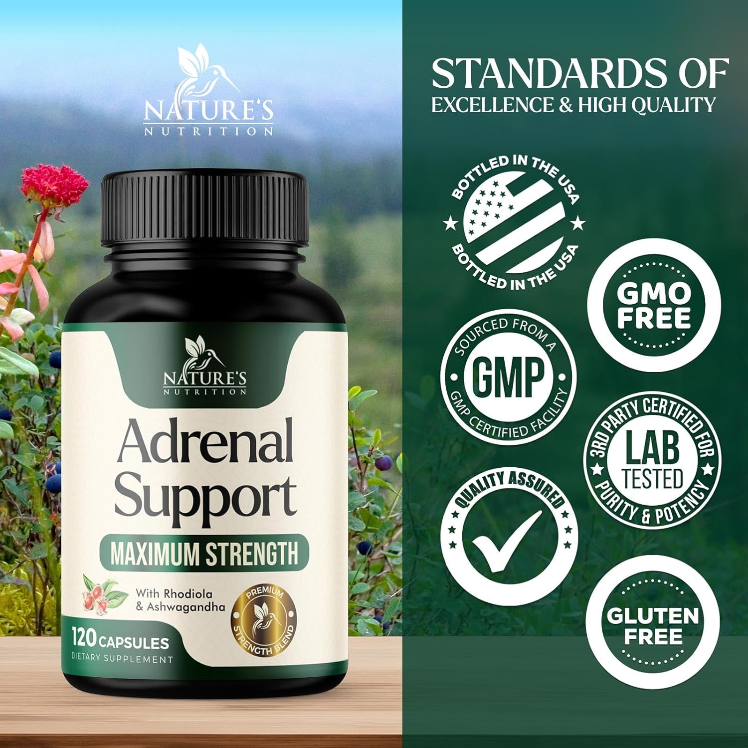 Adrenal Support Supplements with Ashwagandha, Rhodiola Rosea & Holy Basil - Energy Balance, Calm & Relaxation - 120 Capsules