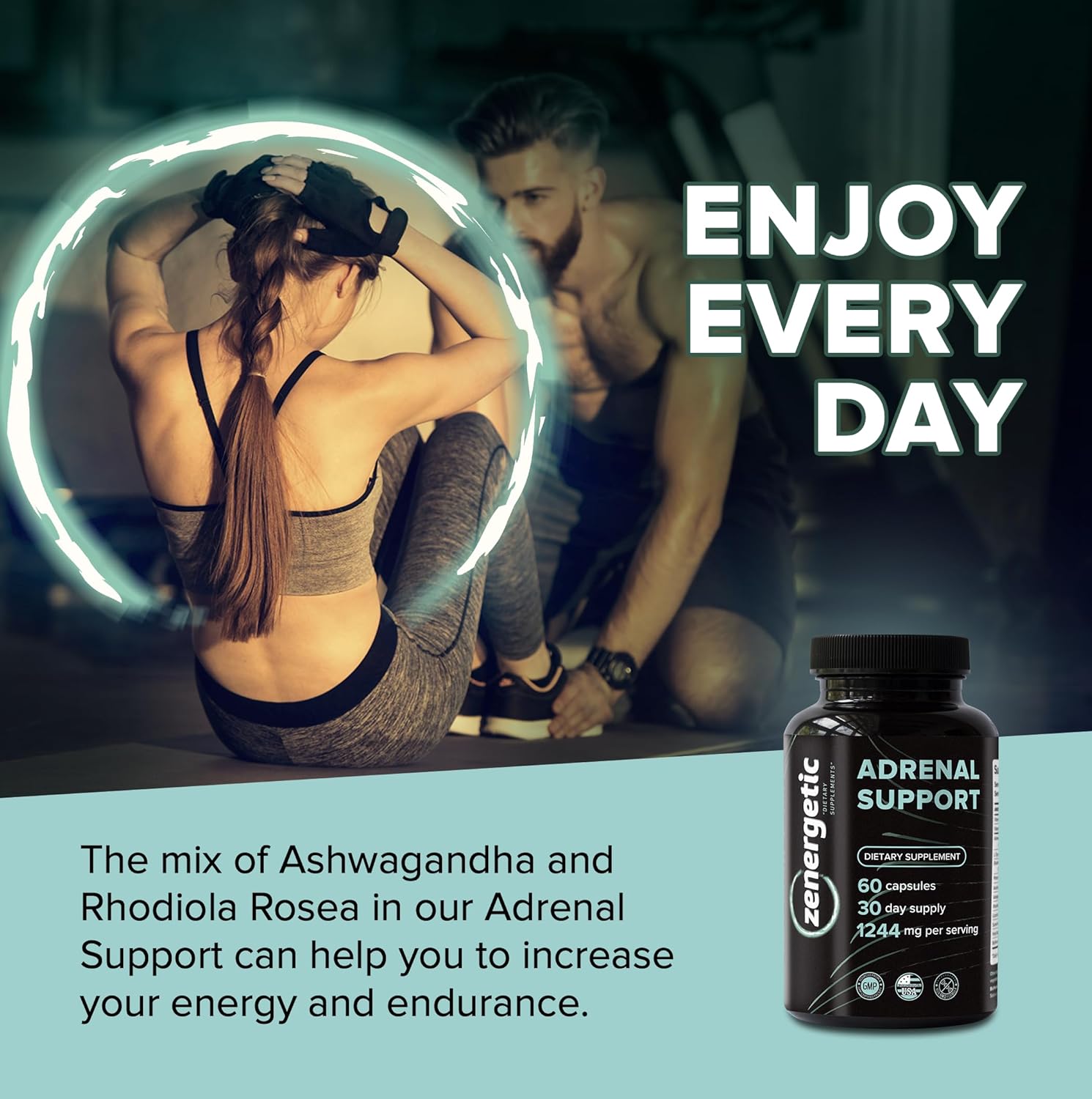 Adrenal Support Supplements with Ashwagandha, Rhodiola Rosea, & Holy Basil - 60 Pills, Non GMO