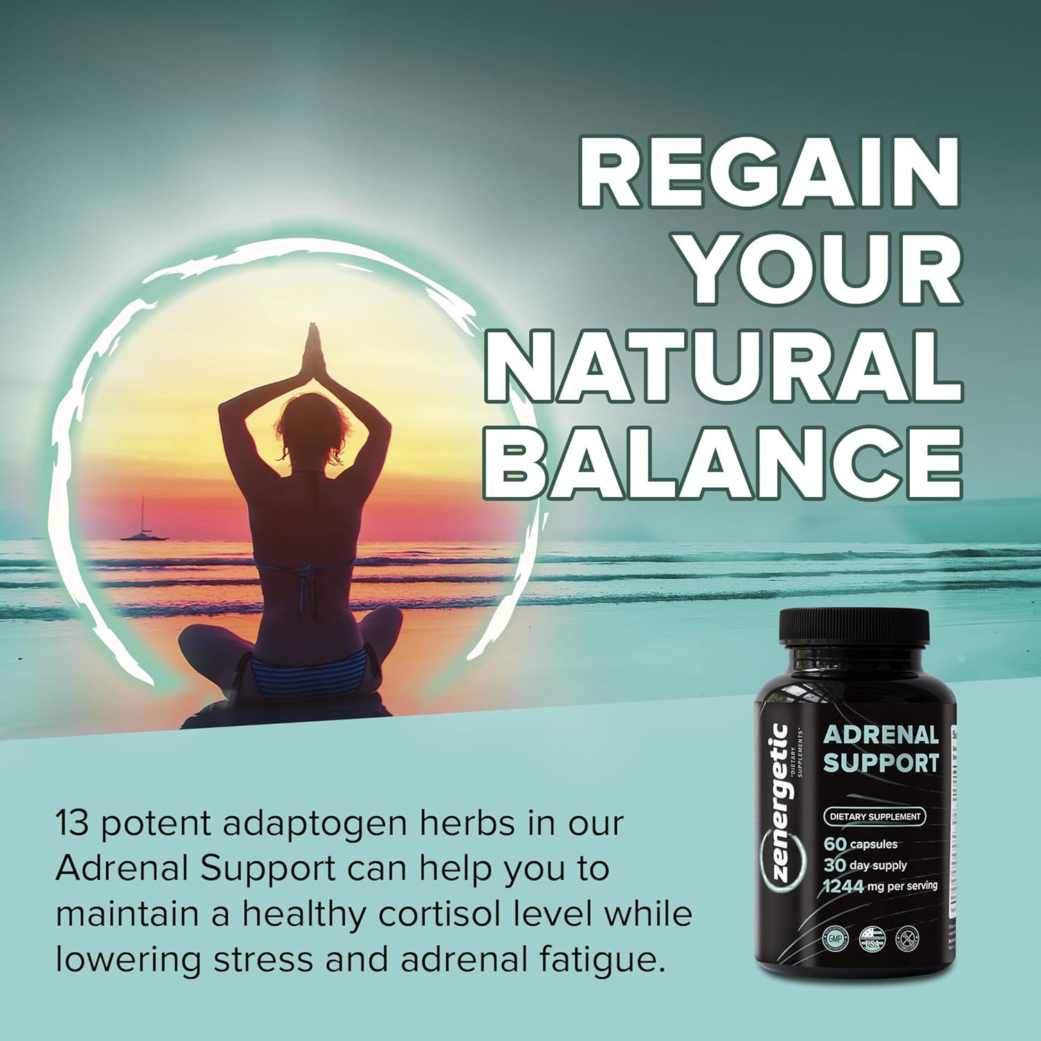 Adrenal Support Supplements with Ashwagandha, Rhodiola Rosea, & Holy Basil - 60 Pills, Non GMO