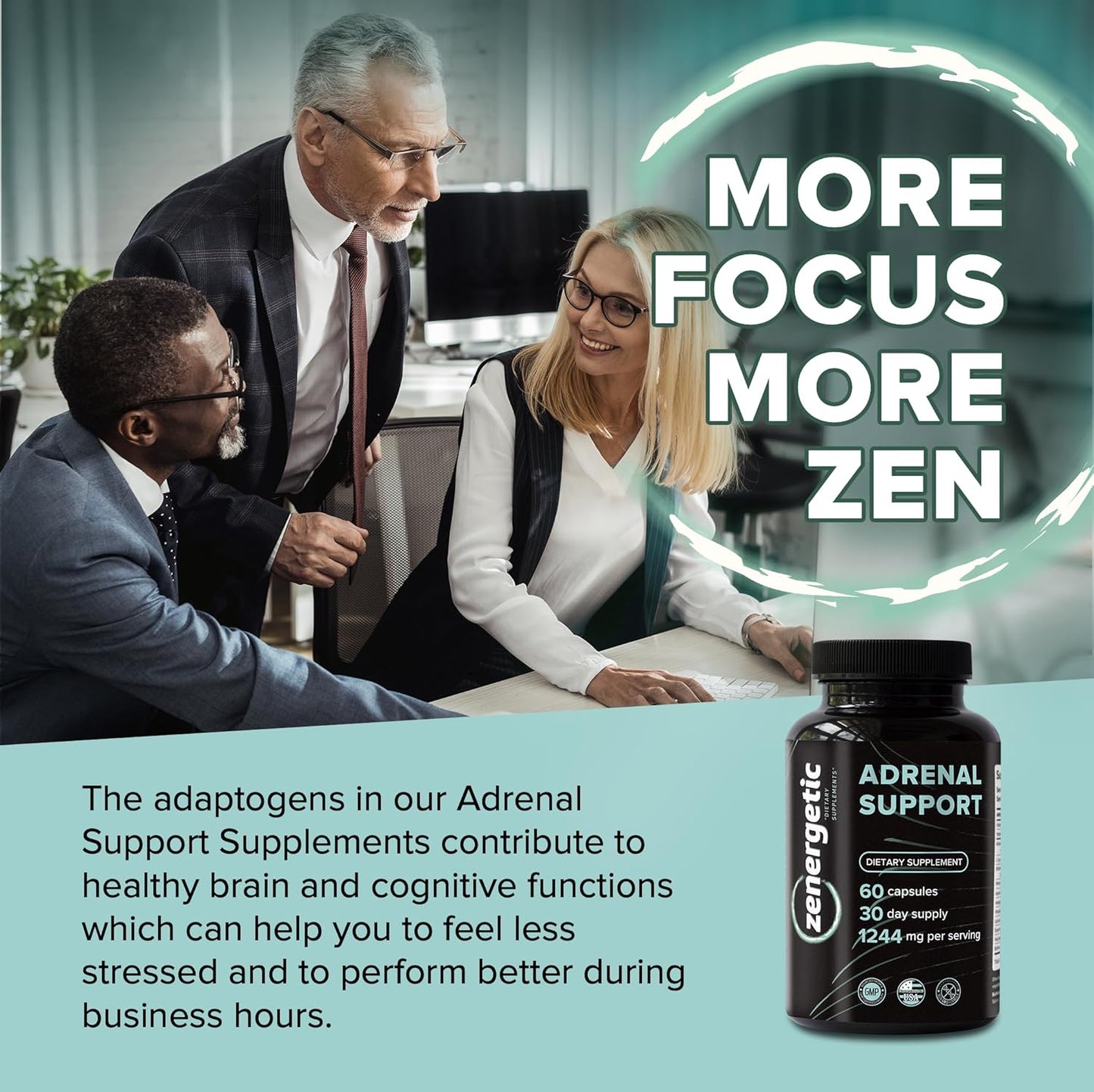 Adrenal Support Supplements with Ashwagandha, Rhodiola Rosea, & Holy Basil - 60 Pills, Non GMO