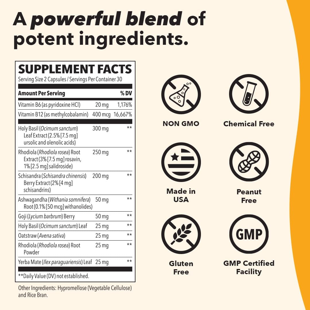 Adrenal-T Supplement - Supports Adrenal Fatigue - Reduces Cortisol - Prevents Burnout - Manages Stress - Boosts Energy - Ashwagandha Adaptogens - 60 Capsules