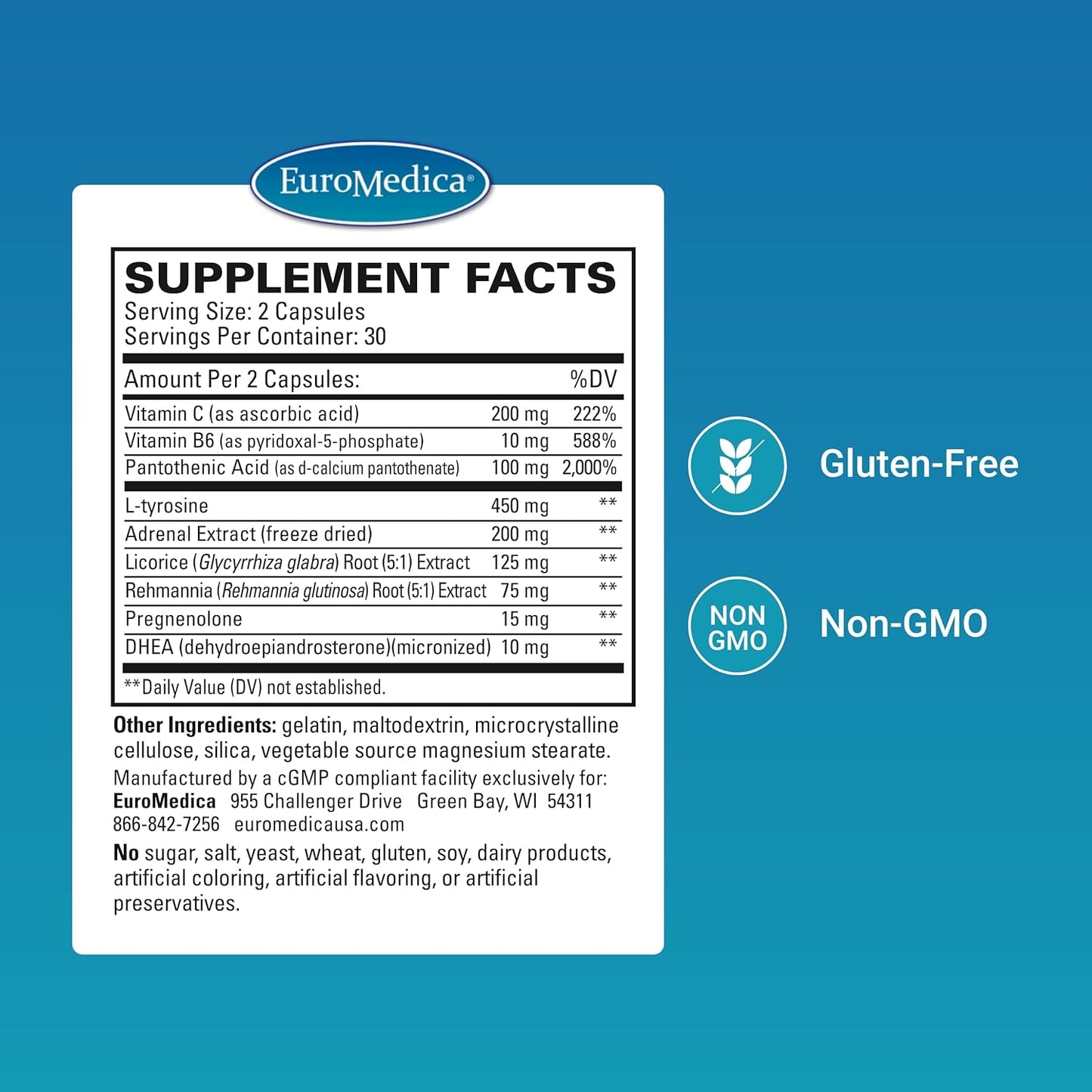 Adrenaplex by EuroMedica - Adrenal Function Support Supplement with L-Tyrosine, Pantothenic Acid & Vitamin B6 - Promotes Adrenal Gland Health & Positive Mood - 60 Capsules