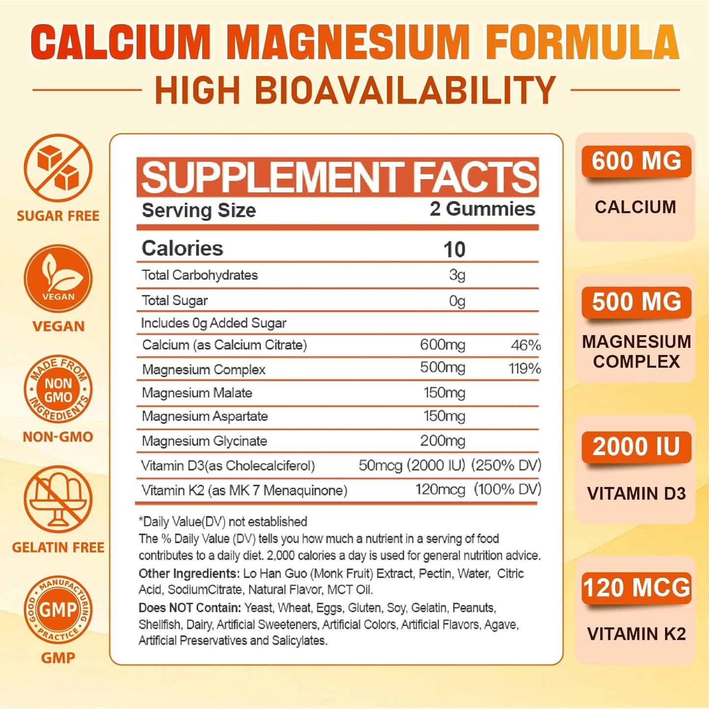 Adult Calcium Magnesium Gummies with Vitamin D3 & K2 - 600mg Calcium Citrate for Bone Health, Sleep, Energy, and Immune Support - 120 Count