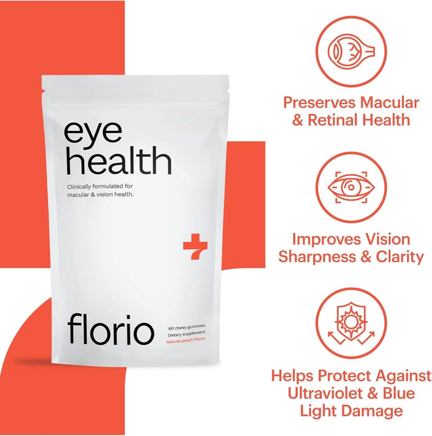 Adult Eye Health Gummy Vitamins with 2X Lutein & Zeaxanthin, Vitamins A, B2, B3, C & E, Preserve Macular & Retinal Health, 30-Day Supply, Peach Flavor