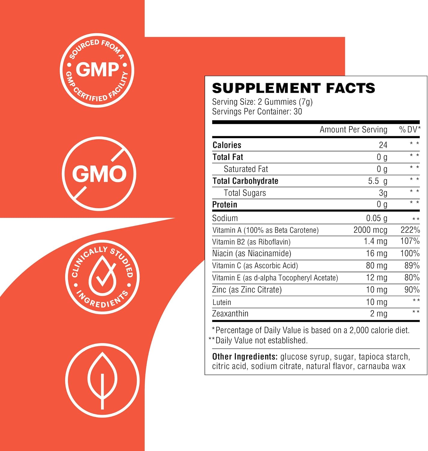 Adult Eye Health Gummy Vitamins with 2X Lutein & Zeaxanthin, Vitamins A, B2, B3, C & E, Preserve Macular & Retinal Health, 30-Day Supply, Peach Flavor