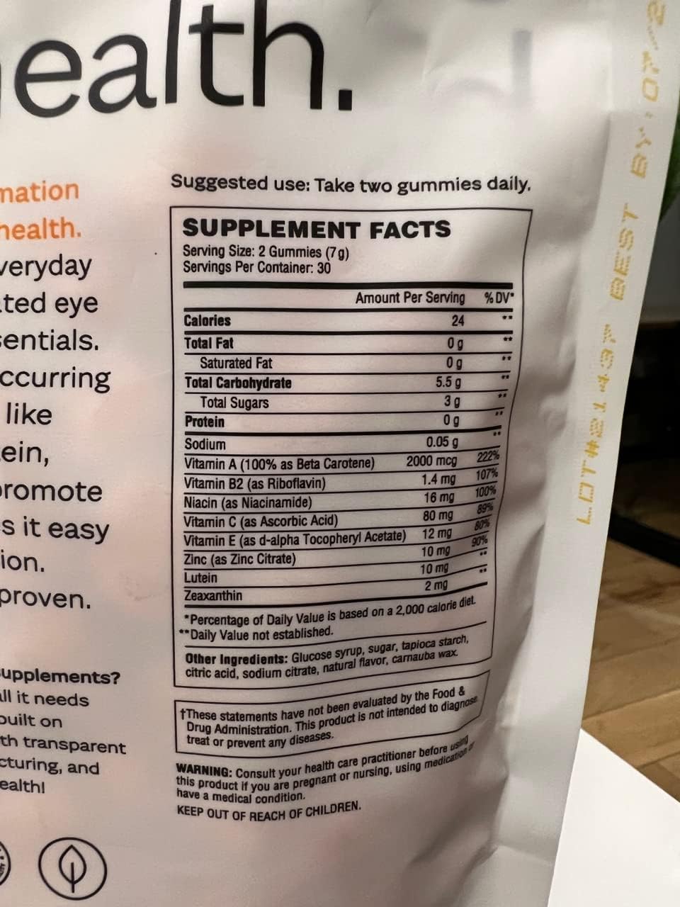 Adult Eye Health Gummy Vitamins with 2X Lutein & Zeaxanthin, Vitamins A, B2, B3, C & E, Preserve Macular & Retinal Health, 30-Day Supply, Peach Flavor