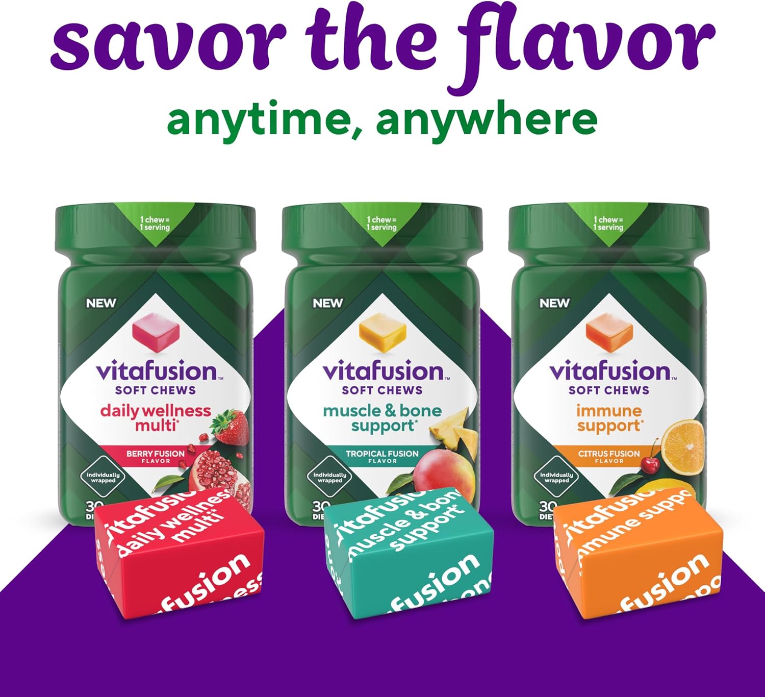 Adult Vitamin D Soft Chews for Muscle & Bone Support - Tropical Fusion Flavor, 30 Day Supply