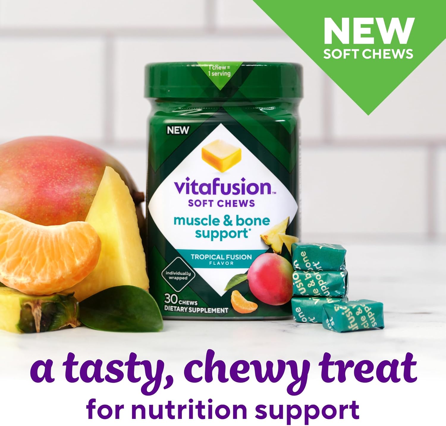 Adult Vitamin D Soft Chews for Muscle & Bone Support - Tropical Fusion Flavor, 30 Day Supply