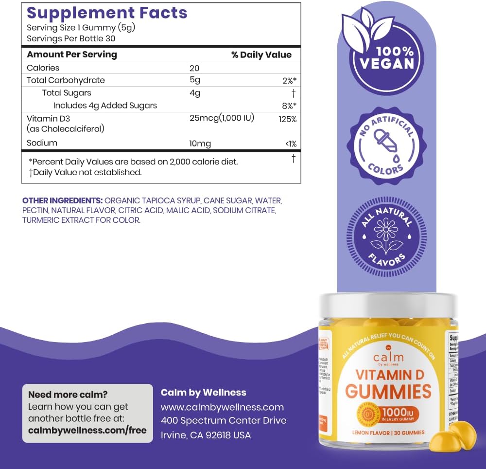 Adult Vitamin D3 Gummies for Bone and Immune System Support, Lemon Flavor - 30 Count by Calm by Wellness