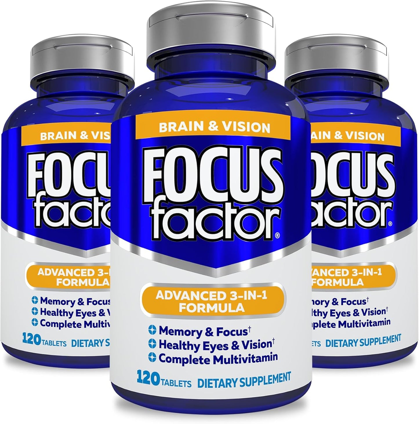 Adults Brain and Vision Supplement with Lutein & Zeaxanthin - 120 Count Multivitamin for Focus, Memory, Concentration - Eye Vitamin and Mineral Supplement - Pack of 3