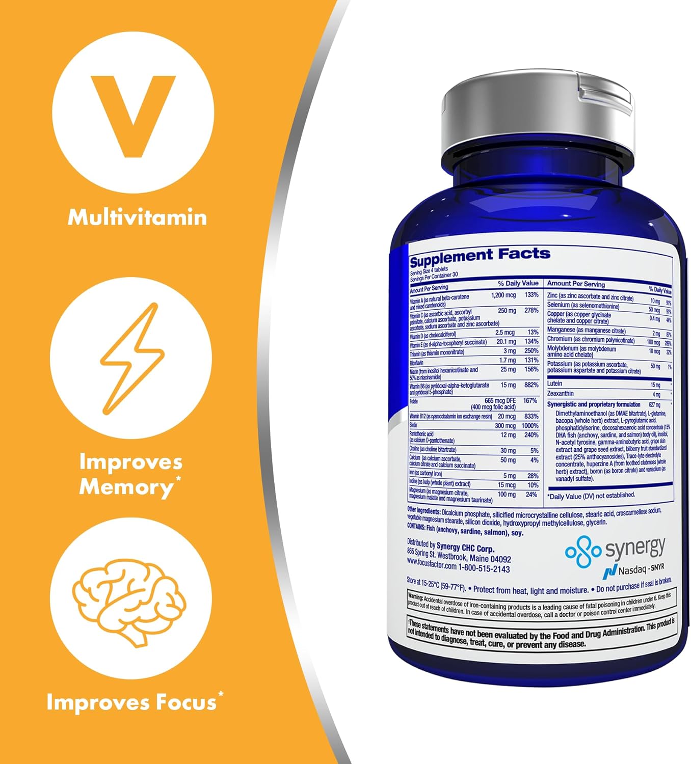 Adults Brain and Vision Supplement with Lutein & Zeaxanthin - 120 Count Multivitamin for Focus, Memory, Concentration - Eye Vitamin and Mineral Supplement - Pack of 3