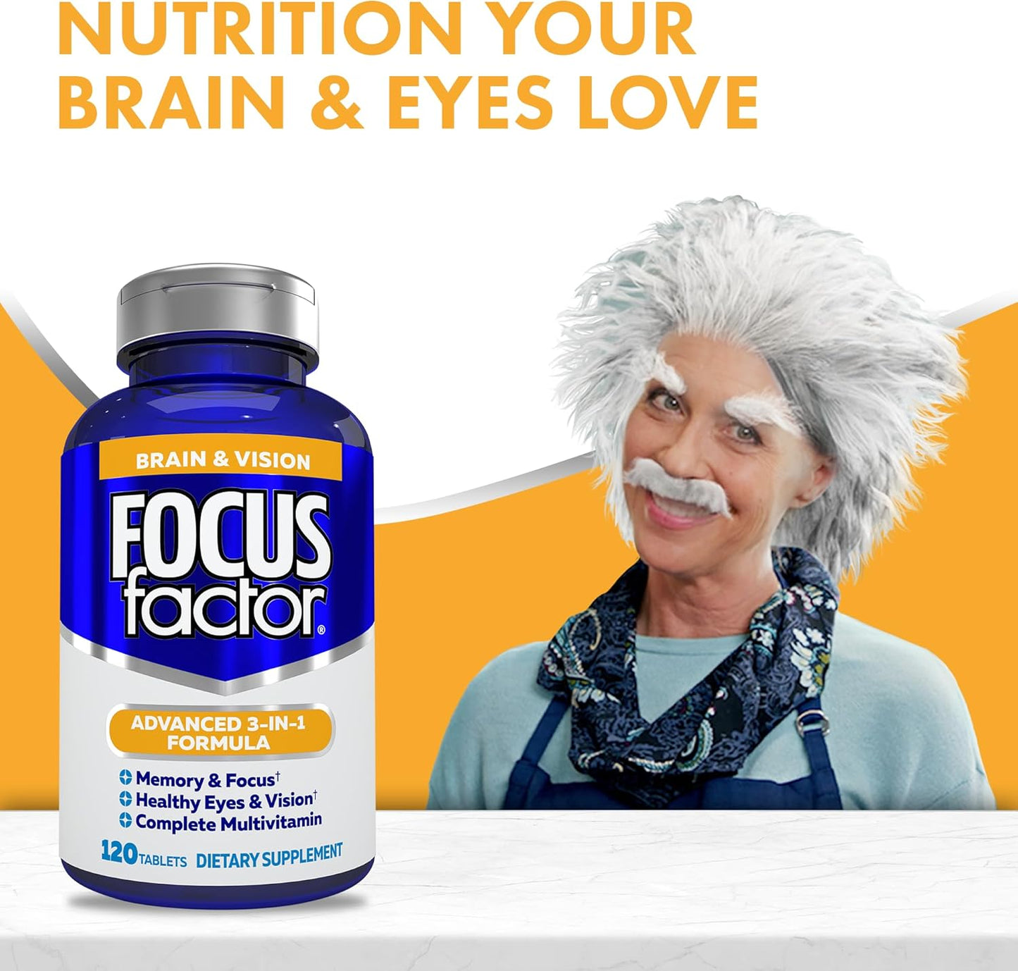Adults Brain and Vision Supplement with Lutein & Zeaxanthin - 120 Count Multivitamin for Focus, Memory, Concentration - Eye Vitamin and Mineral Supplement - Pack of 3