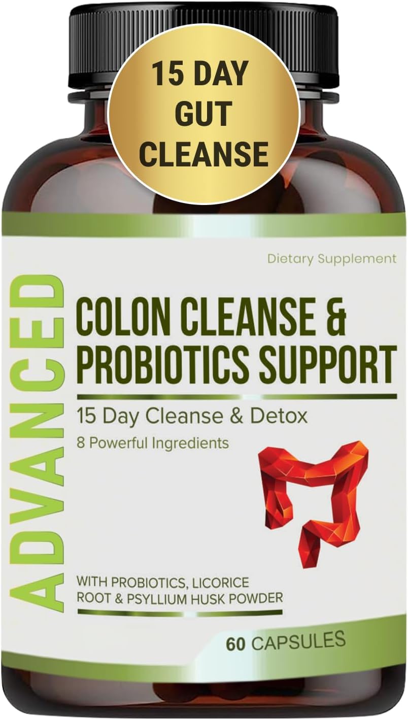 Advanced 15-Day Gut Cleanse Detox with Probiotics and Psyllium Husk - Colon Cleanser for Men & Women, Constipation Relief, Digestive Health - 60 Capsules