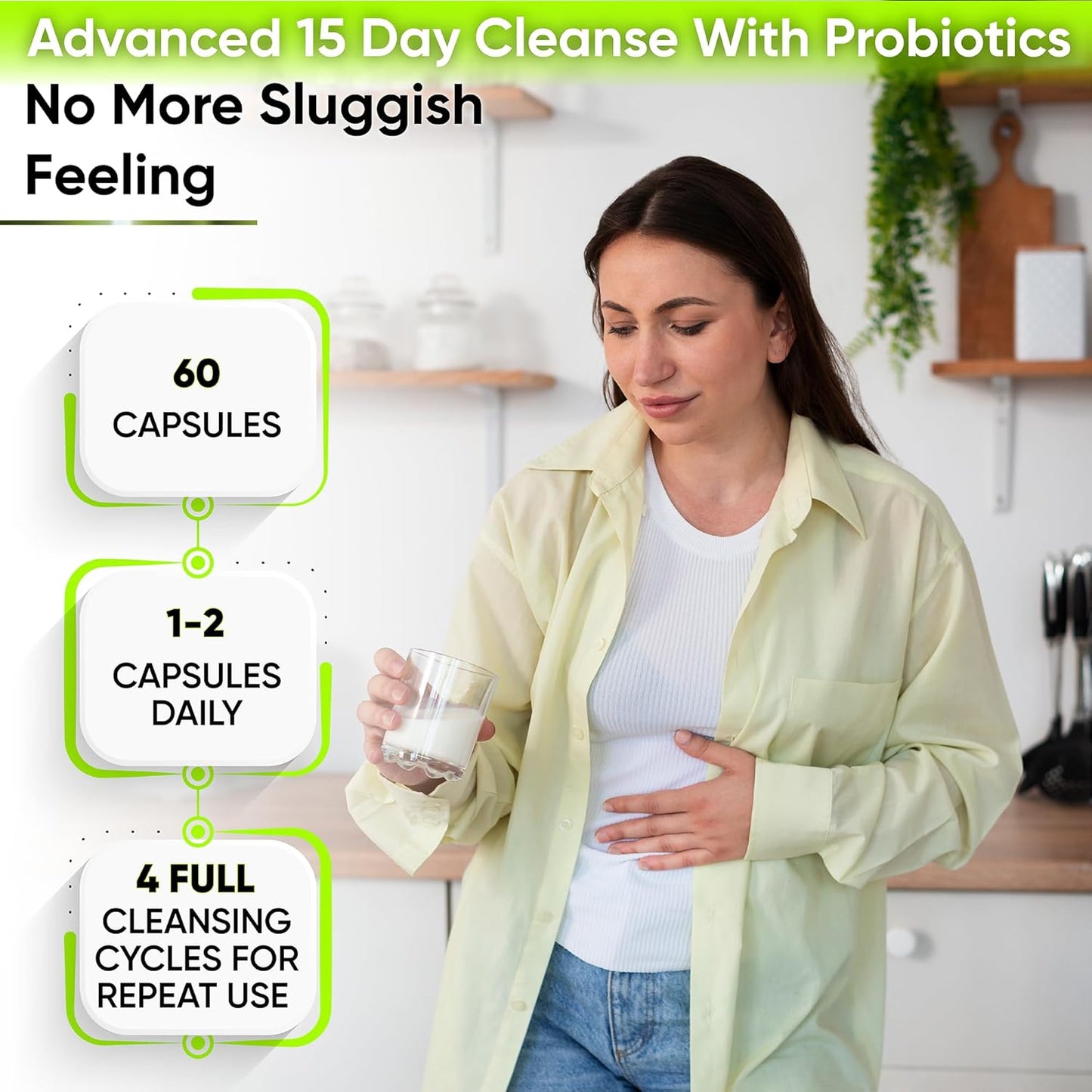 Advanced 15-Day Gut Cleanse Detox with Probiotics and Psyllium Husk - Colon Cleanser for Men & Women, Constipation Relief, Digestive Health - 60 Capsules