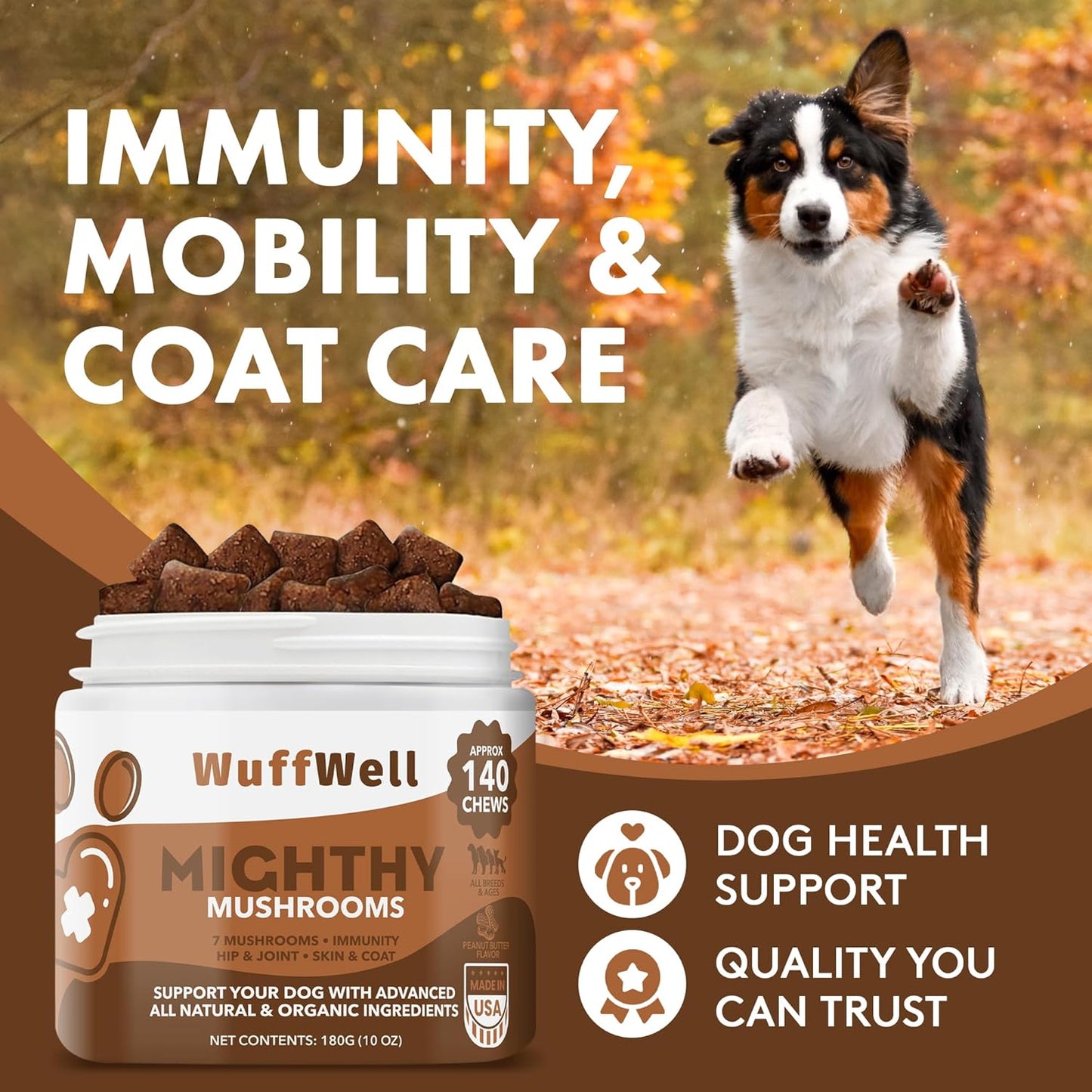 Advanced 7 Mushroom Blend Dog Supplement with Turkey Tail, Lions Mane, Reishi - 140 Chews - Green Lipped Mussel, Salmon Oil, Probiotics for Immune Support