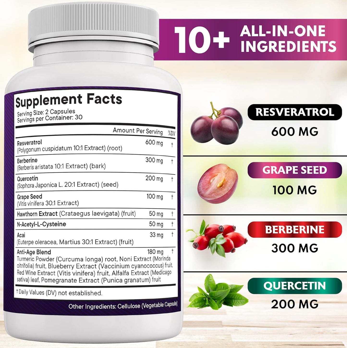 Advanced Antioxidant Supplement for Men and Women with Resveratrol, Berberine, Grape Seed Extract, and More - 180 Capsules