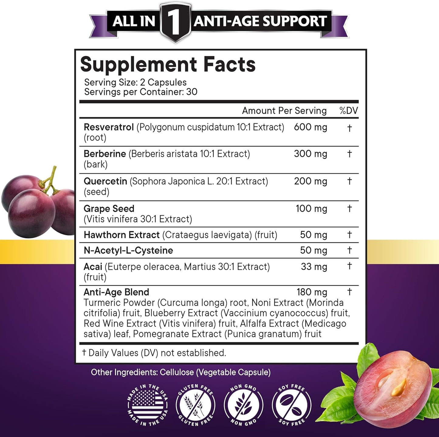 Advanced Antioxidant Supplement for Men and Women with Resveratrol, Berberine, Grape Seed Extract, and More - 180 Capsules
