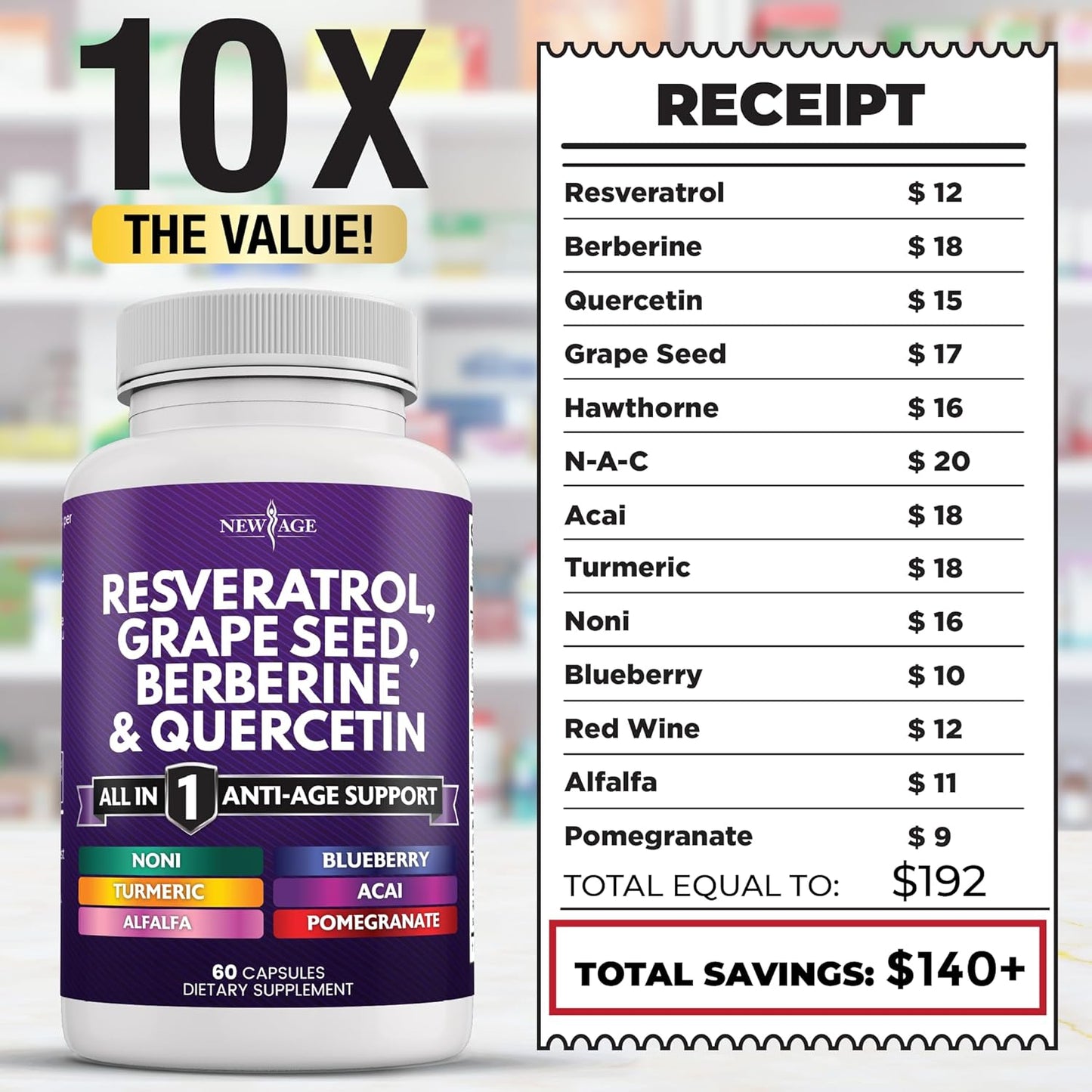 Advanced Antioxidant Supplement for Men and Women with Resveratrol, Berberine, Grape Seed Extract, and More - 180 Capsules