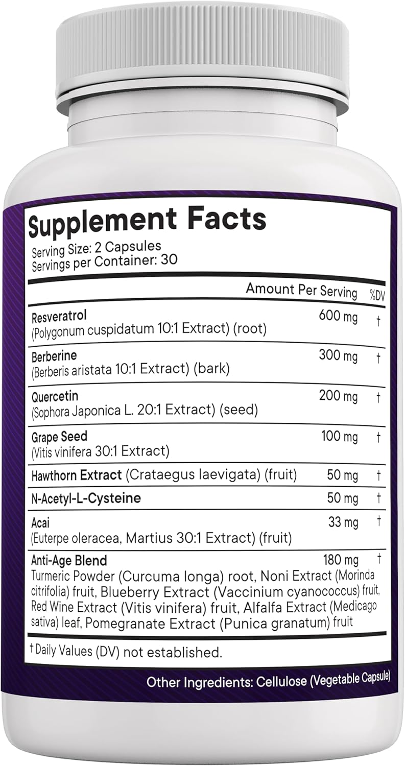 Advanced Antioxidant Supplement for Men and Women with Resveratrol, Berberine, Grape Seed Extract, and More - 180 Capsules