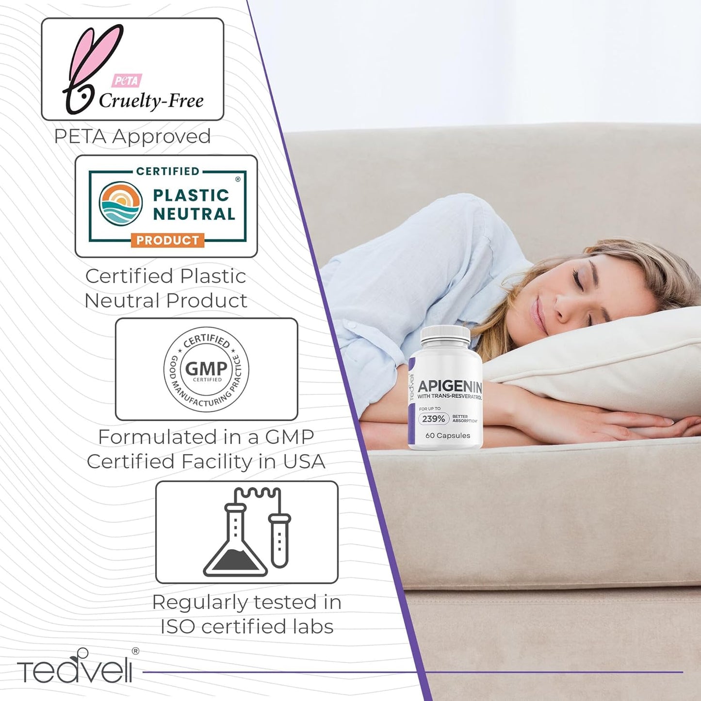 Advanced Apigenin Supplement with Resveratrol for Sleep Support - 50mg Apigenin, Magnesium Threonate, L Theanine - 60 Capsules (Vegan)