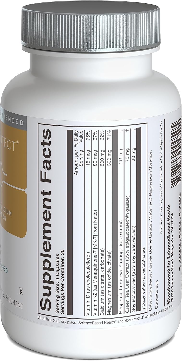 Advanced BoneProtect Supplement - 800 mg Calcium, Vitamin D, K, Soy Isoflavones, Green Tea - 120 Capsules