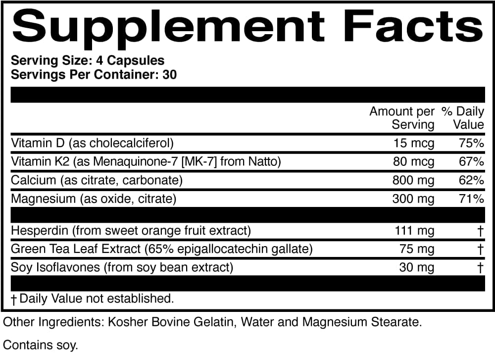 Advanced BoneProtect Supplement - 800 mg Calcium, Vitamin D, K, Soy Isoflavones, Green Tea - 120 Capsules
