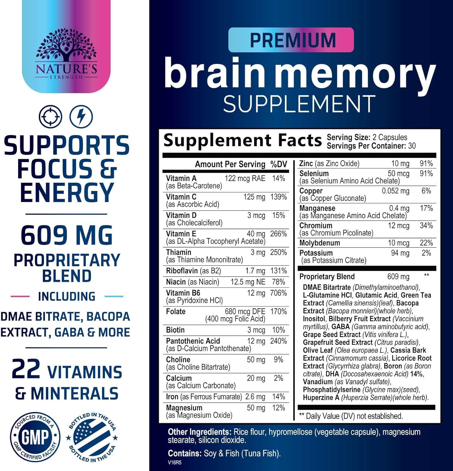 Advanced Cognitive Formula Brain Supplements for Memory, Focus & Energy - Supports Concentration, Clarity - Memory Vitamins with Bacopa & More - 60 Capsules