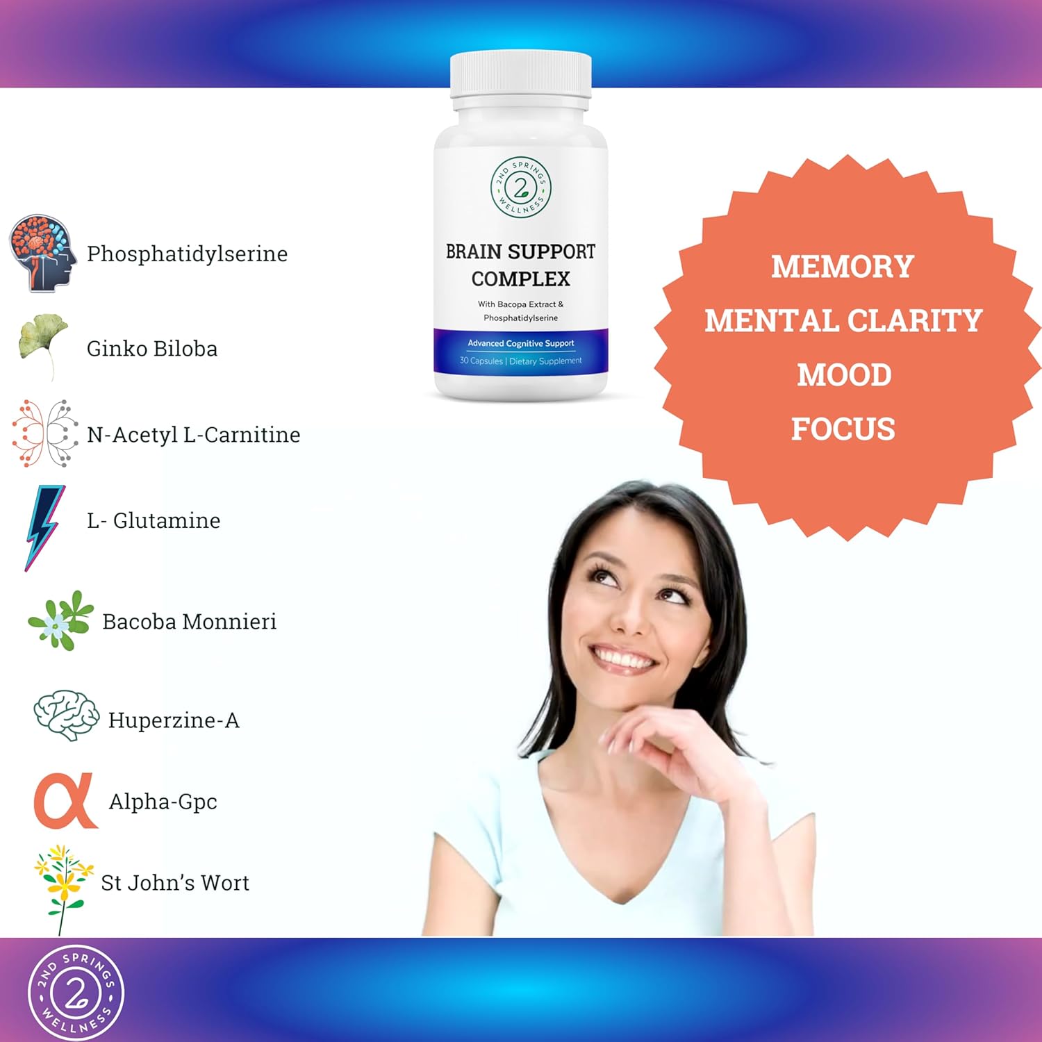 Advanced Cognitive Support Supplement with Ginkgo Biloba, Bacopa Monnieri, Phosphatidylserine, Huperzine-A, St. John's Wort - 30 Ct - Brain Support Complex