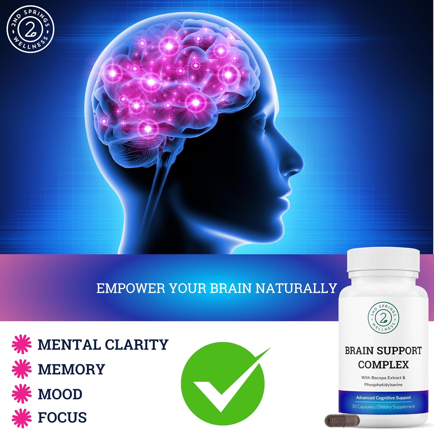 Advanced Cognitive Support Supplement with Ginkgo Biloba, Bacopa Monnieri, Phosphatidylserine, Huperzine-A, St. John's Wort - 30 Ct - Brain Support Complex