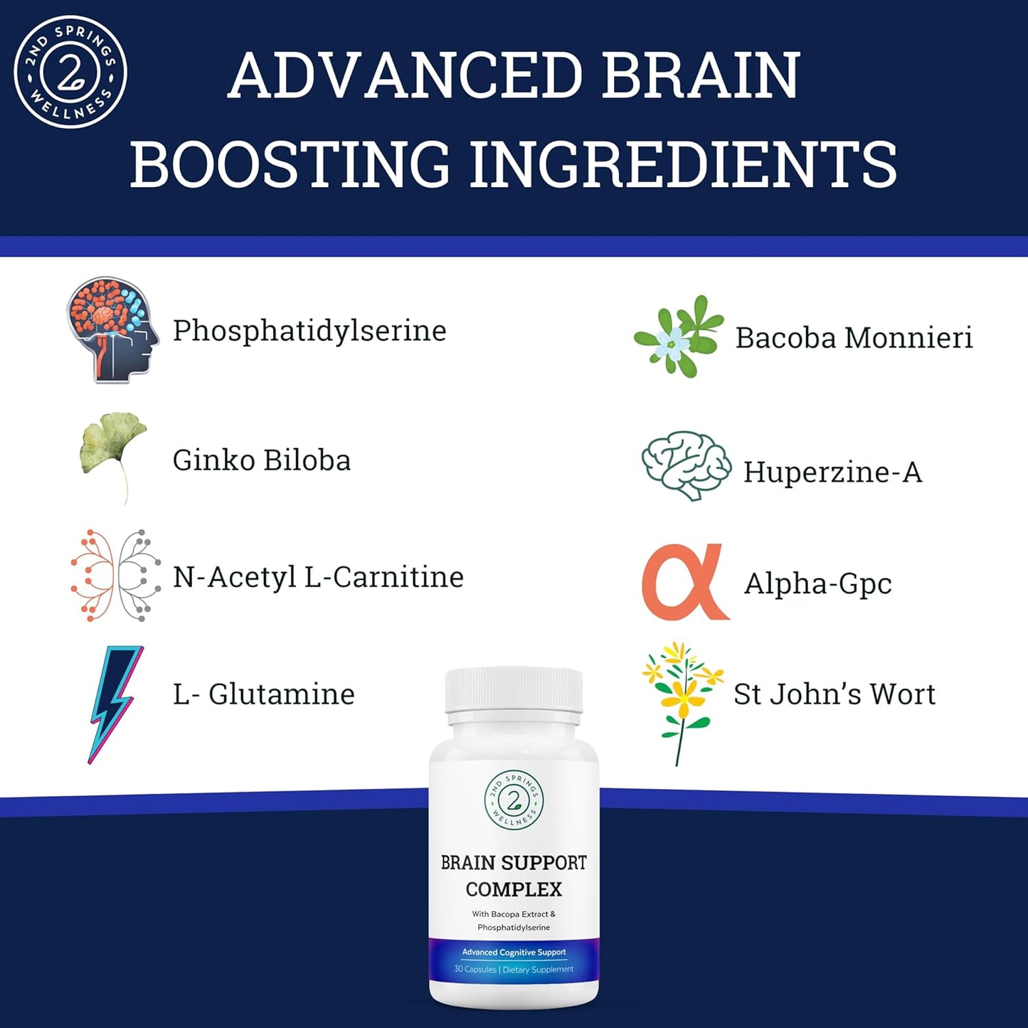 Advanced Cognitive Support Supplement with Ginkgo Biloba, Bacopa Monnieri, Phosphatidylserine, Huperzine-A, St. John's Wort - 30 Ct - Brain Support Complex