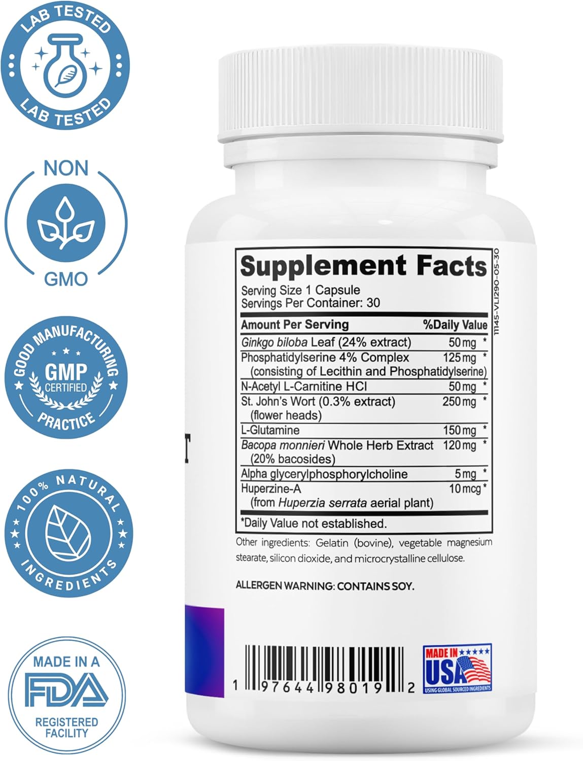 Advanced Cognitive Support Supplement with Ginkgo Biloba, Bacopa Monnieri, Phosphatidylserine, Huperzine-A, St. John's Wort - 30 Ct - Brain Support Complex