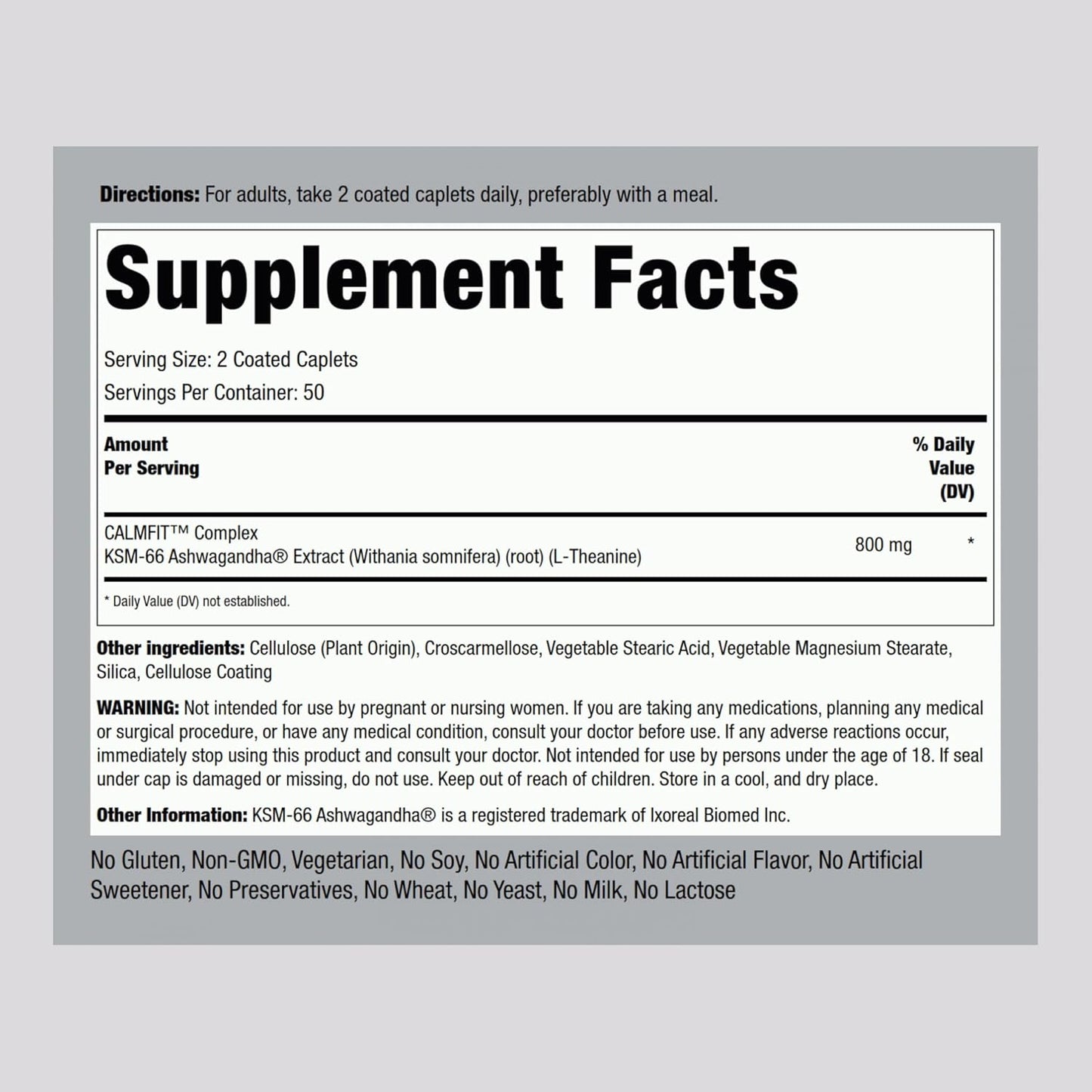 Advanced Complex Ashwagandha L-Theanine Supplement 800mg | 100 Caplets | Root Extract | Vegan, Non-GMO | Piping Rock